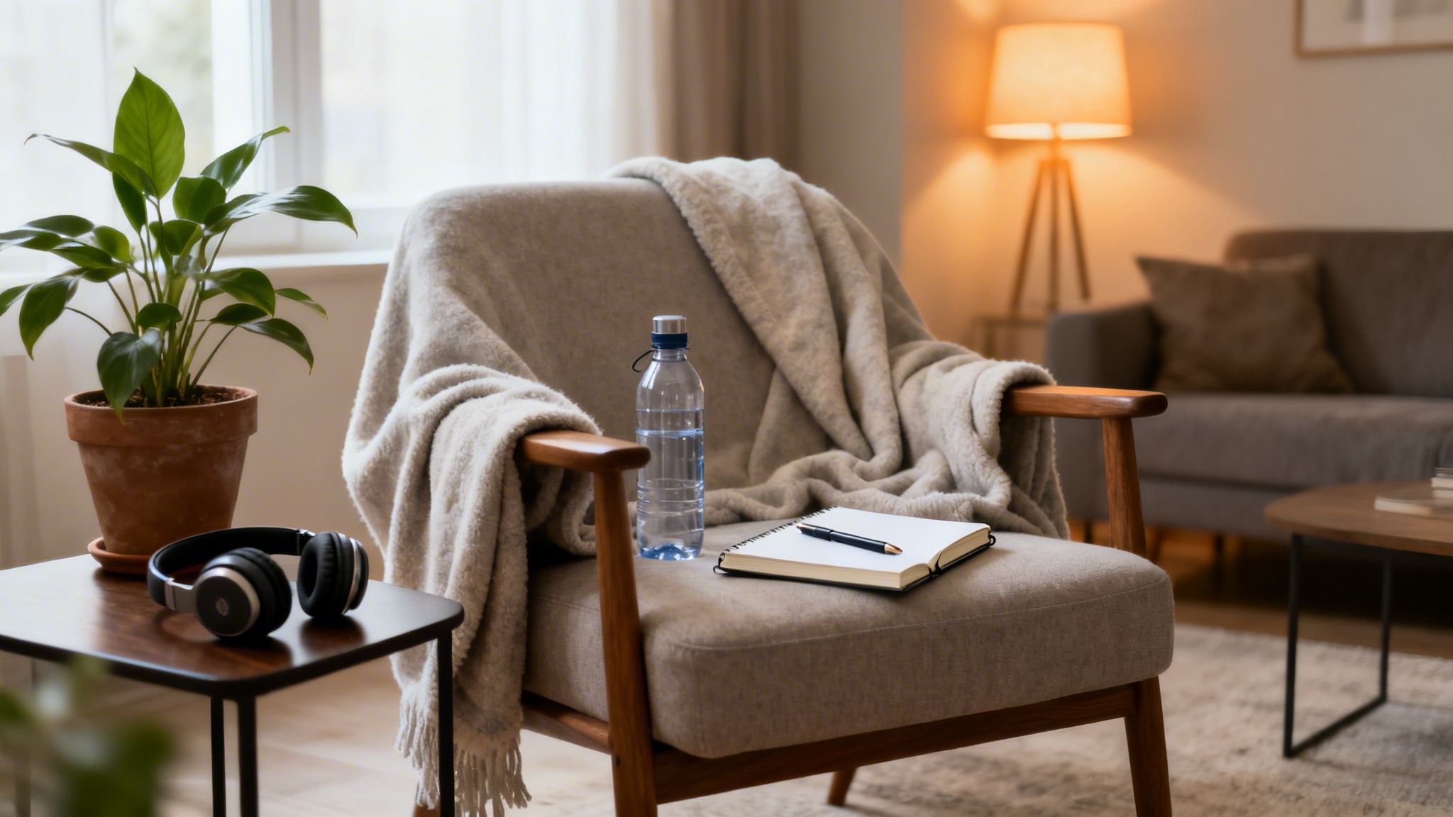Cozy living room with an armchair, blanket, water bottle, notebook, plant, and headphones.