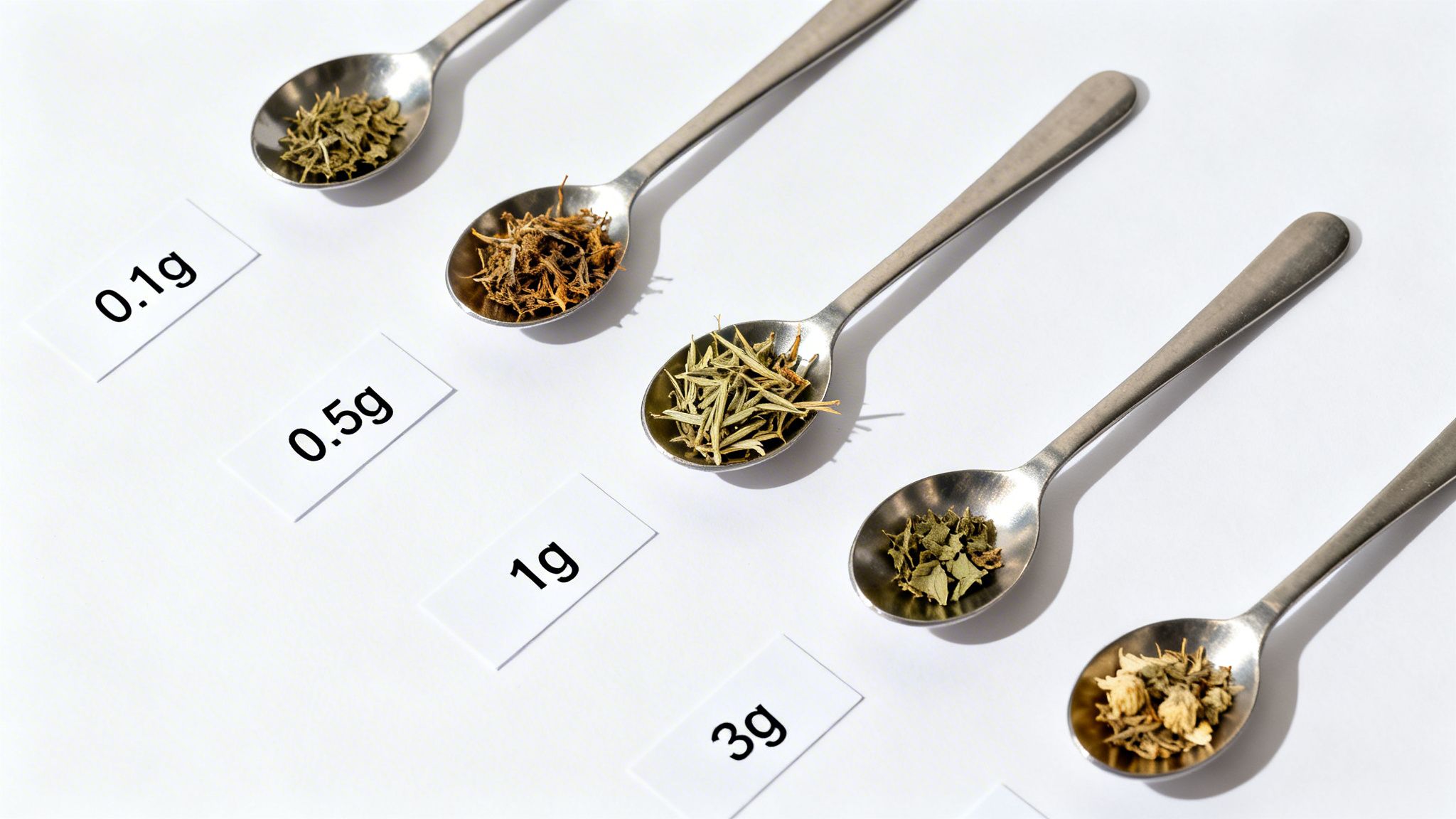 A row of silver spoons filled with various dried herbs and spices, each labeled with its weight in grams.