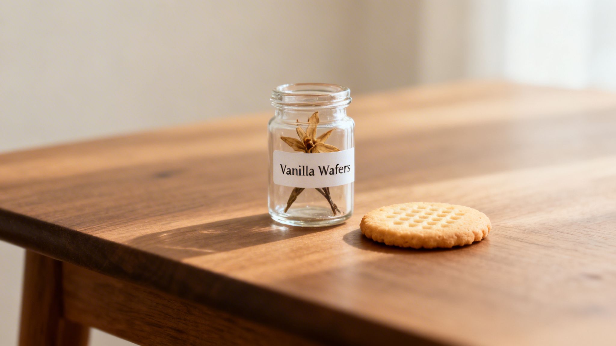 A glass jar labeled 'Vanilla Wafers' with dried pods next to a cookie on a wooden table.