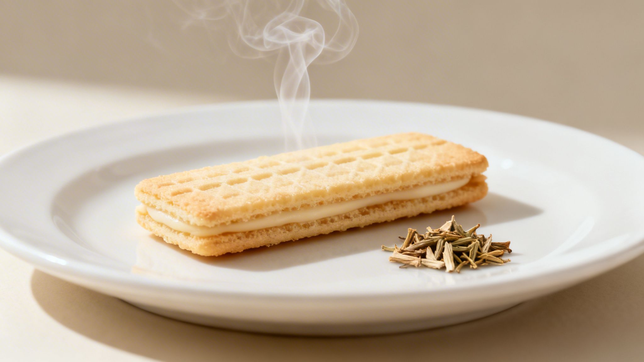 A warm vanilla wafer cookie with cream filling and a pile of dried herbs on a white plate.
