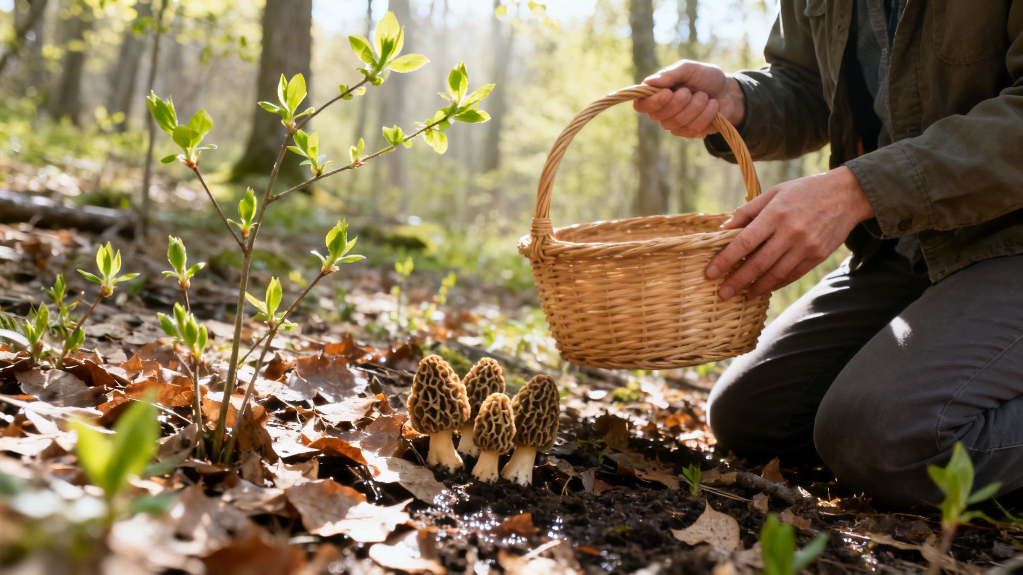 A person kneeling in a sunlit forest, holding a basket next to a cluster of morel mushrooms.