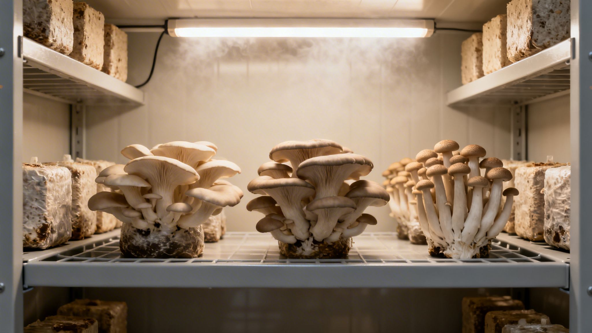 Various types of mushrooms, including oyster and brown shimeji, growing on shelves in a controlled environment.