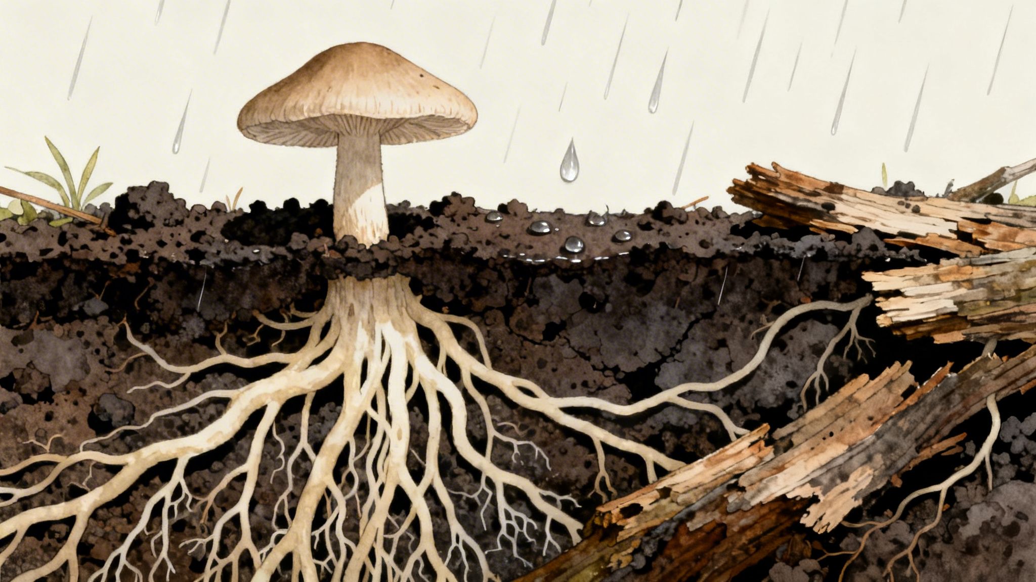 Watercolor illustration of a mushroom with its extensive underground roots in soil, with rain falling.