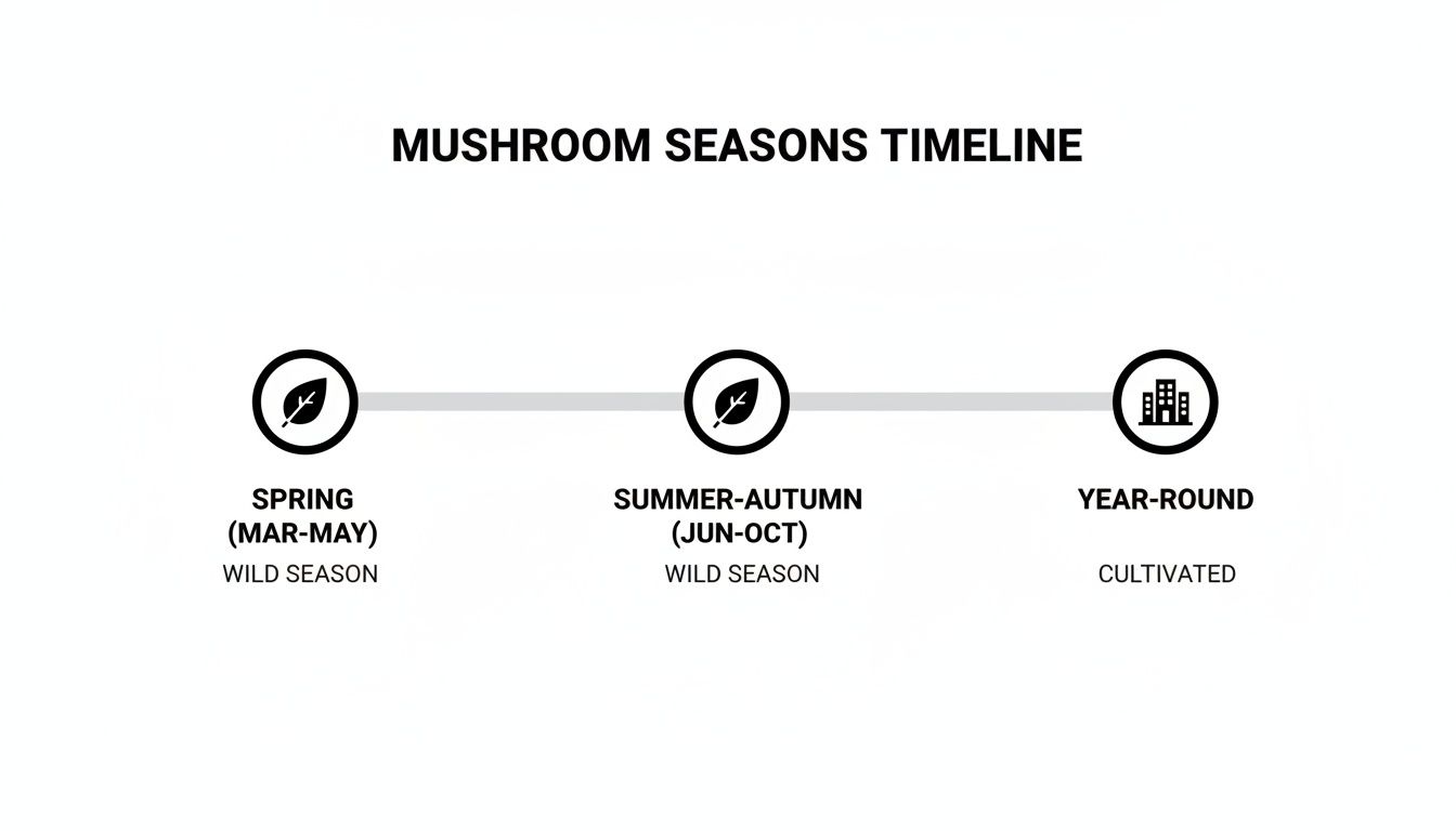 Mushroom seasons timeline showing spring, summer-autumn wild seasons, and year-round cultivated availability.
