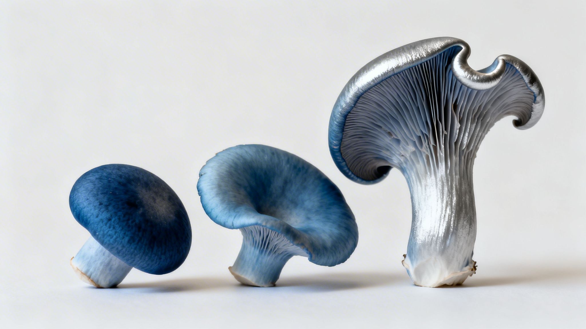 A row of three blue mushrooms on a white background, with the largest having a silver-painted cap and stem.
