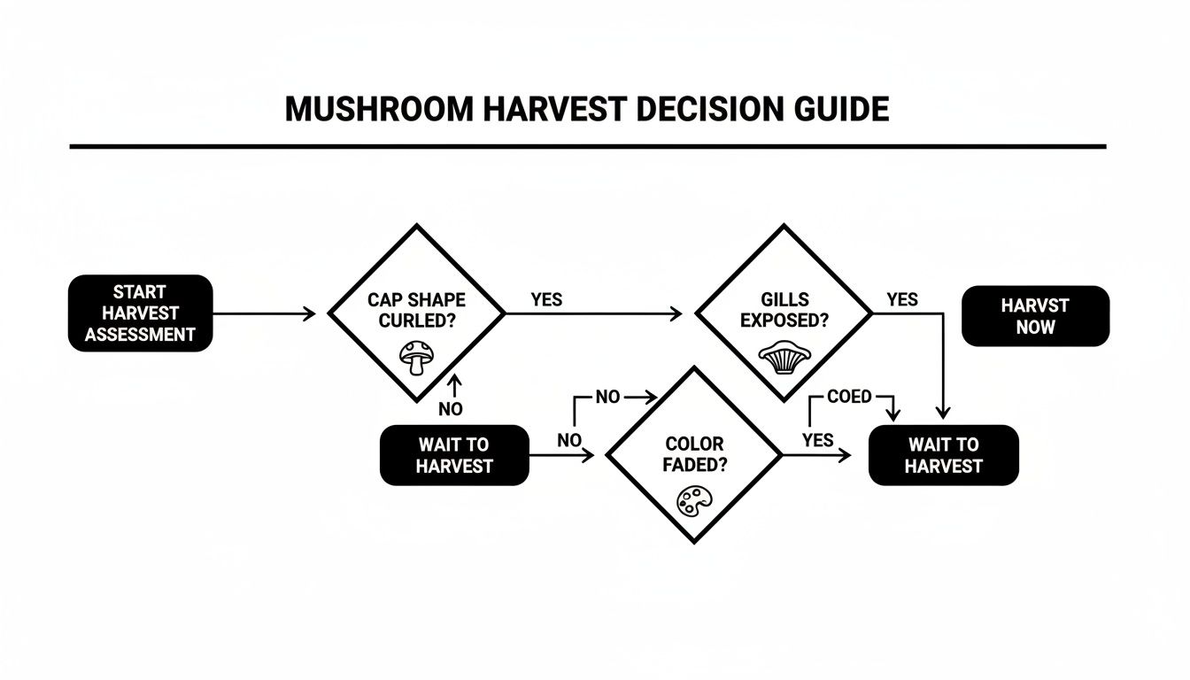 Flowchart illustrating the decision guide for mushroom harvest based on cap shape, gills, and color.