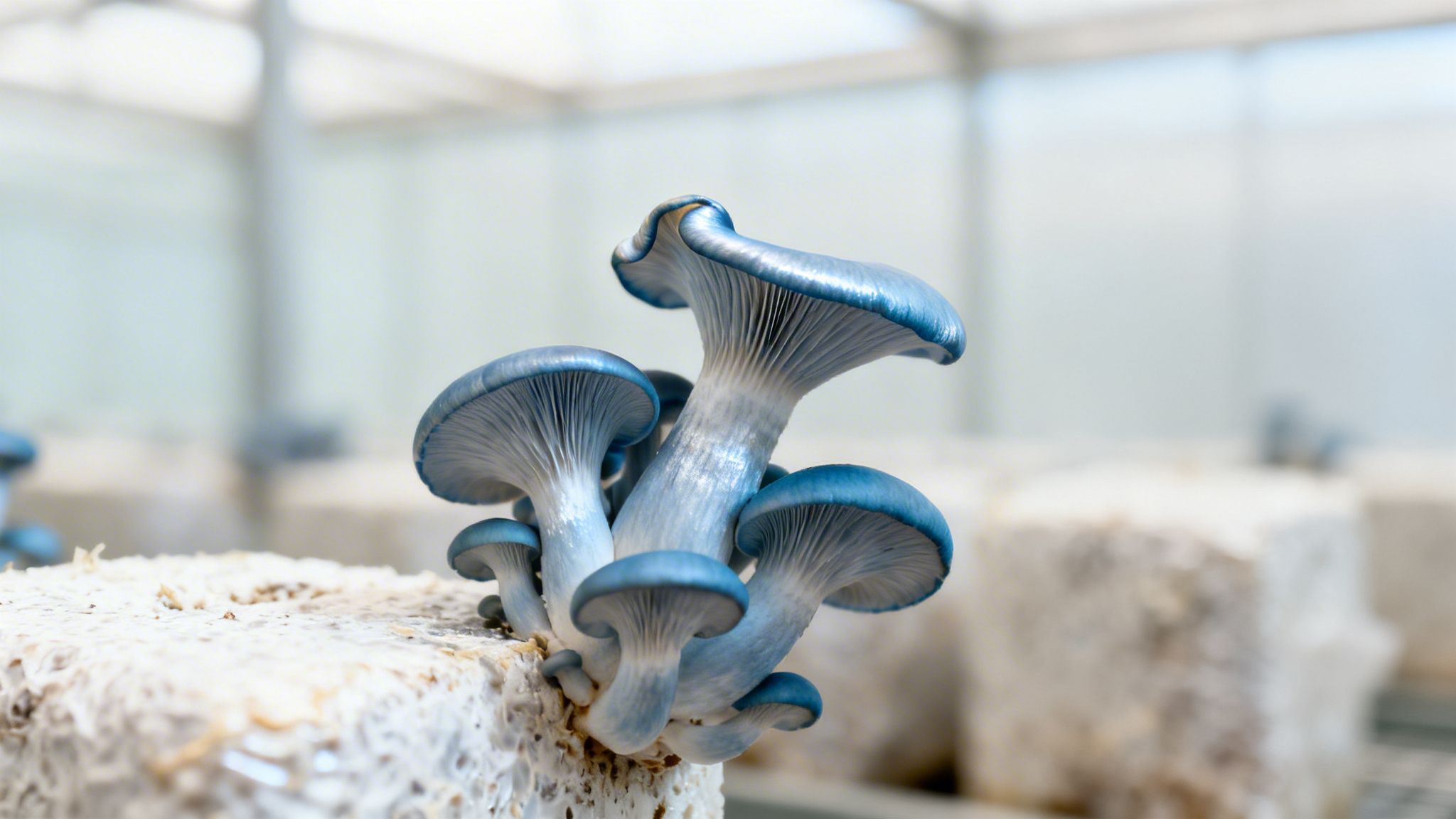 Close-up of vibrant blue oyster mushrooms growing on a white substrate in a cultivation facility.