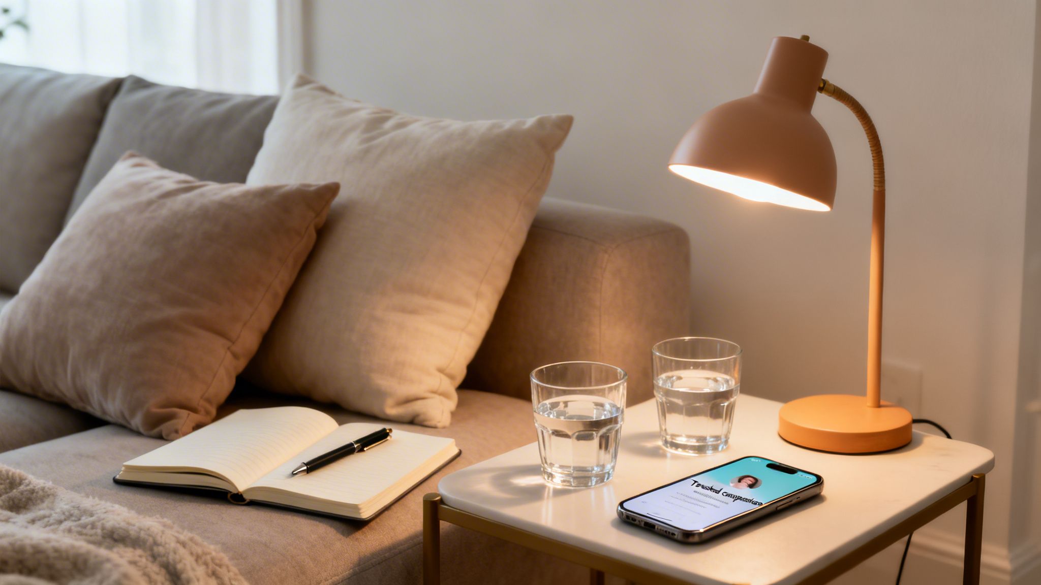 A cozy living room with a sofa, pillows, a notebook, water, a phone, and a lit lamp.