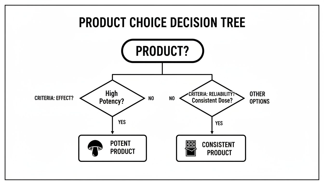 A decision tree diagram for product choice based on high potency and consistent dose criteria.