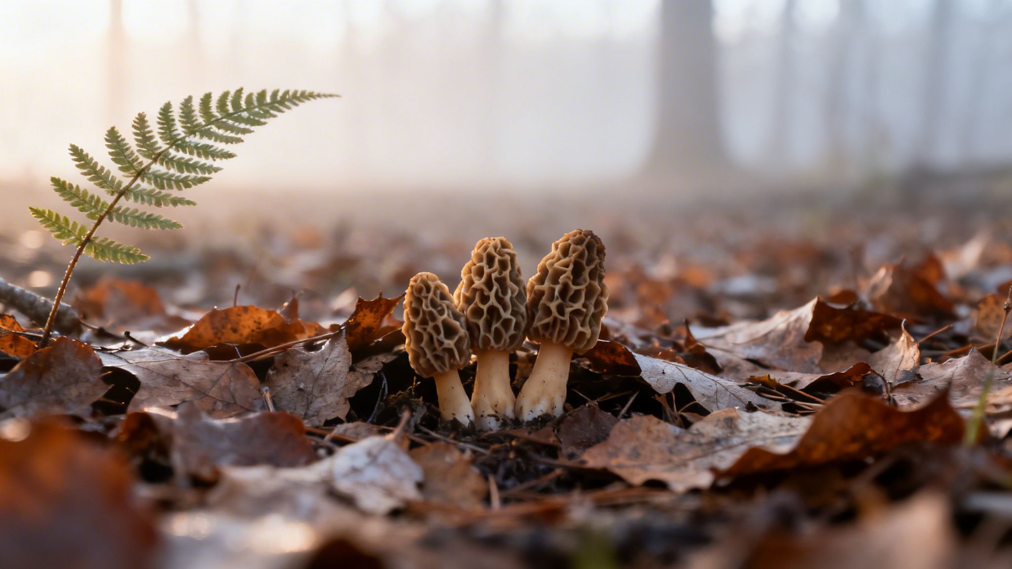 Three morel mushrooms growing amongst brown autumn leaves with a fern in a foggy forest.