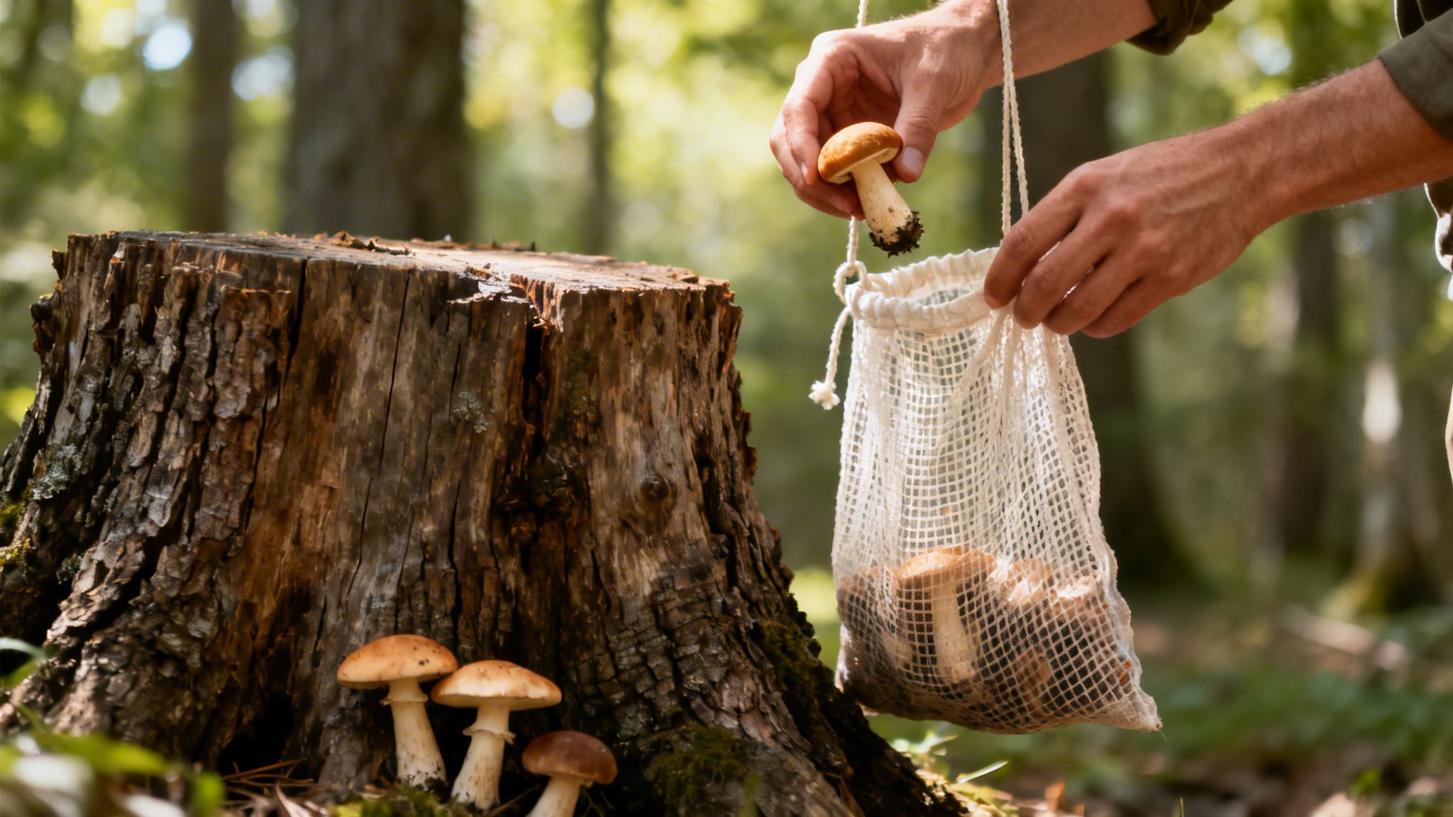 A person places a wild mushroom into a mesh bag near a tree stump with more mushrooms.