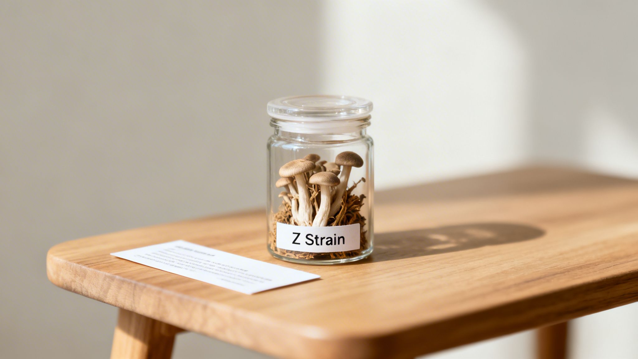 A glass jar labeled 'Z Strain' containing small brown mushrooms sits on a wooden table.