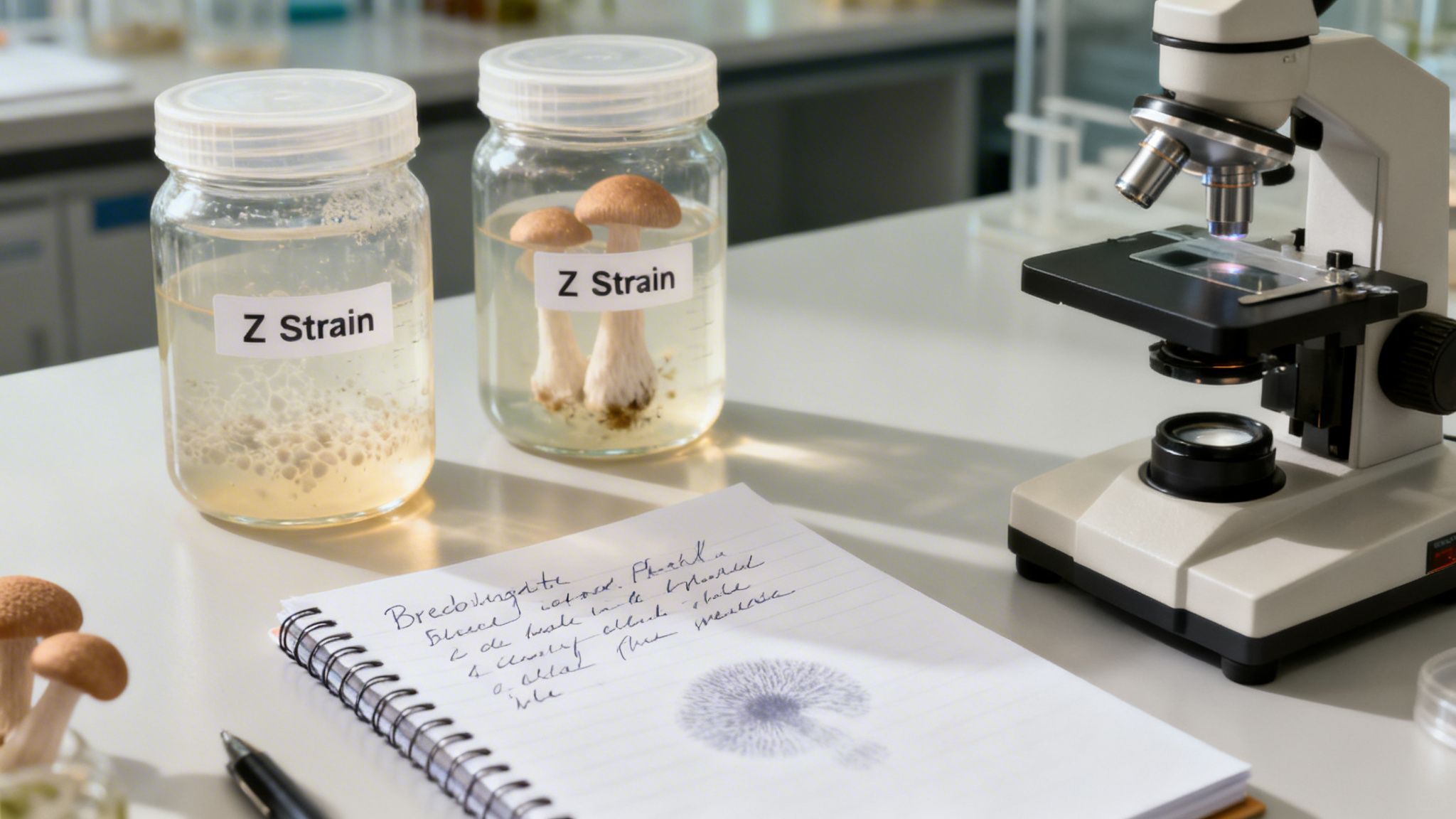 Two jars of Z Strain mushrooms and liquid culture on a lab bench with a microscope and notes.