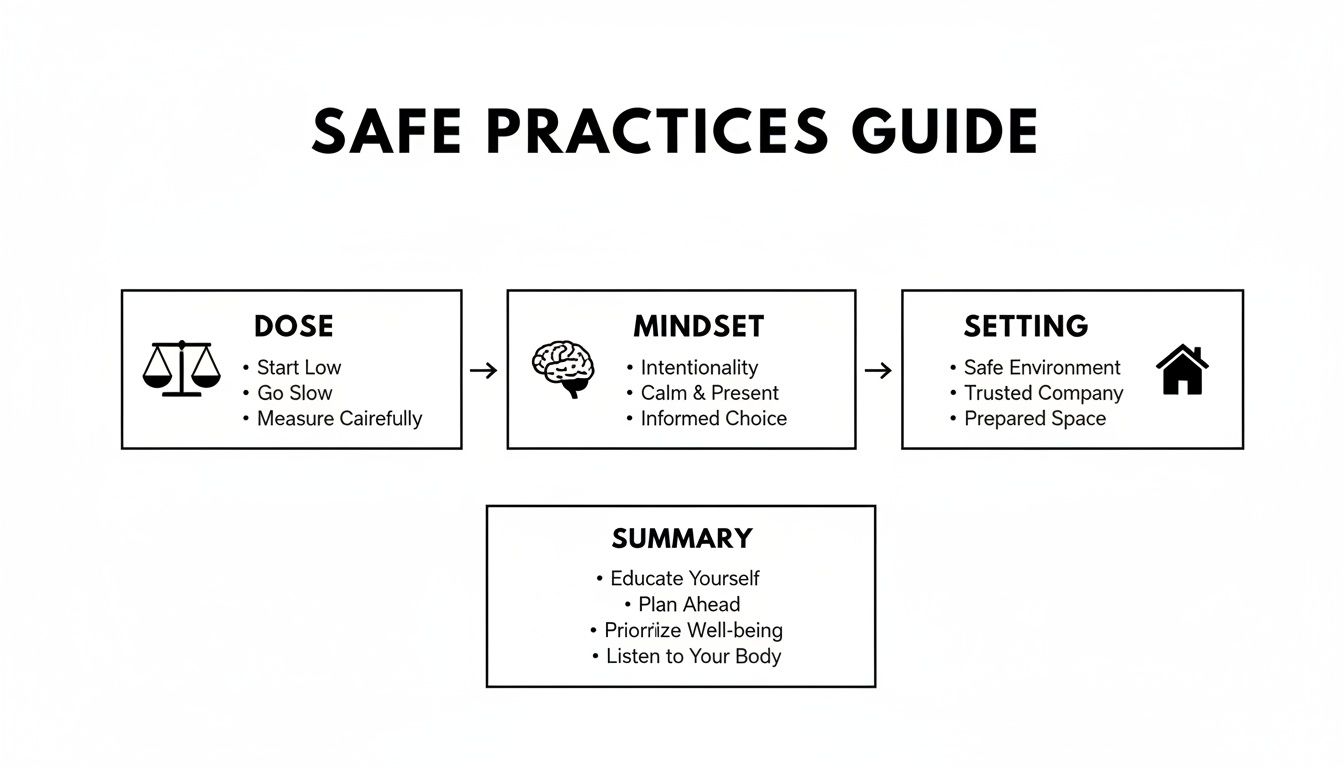 A 'SAFE PRACTICES GUIDE' diagram outlining key considerations for dose, mindset, setting, and a summary.