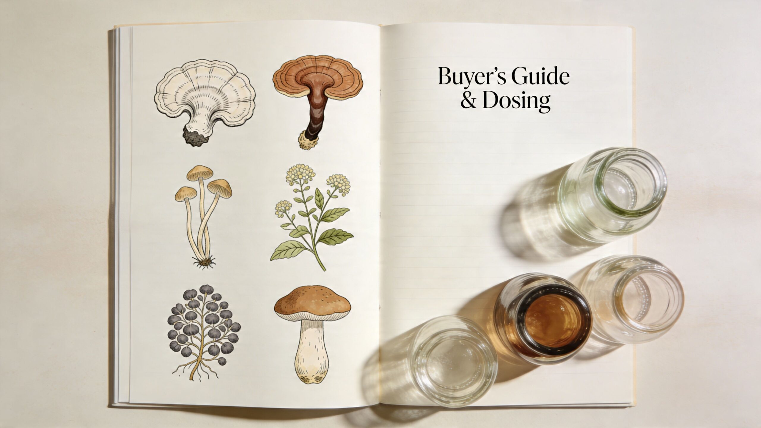 An open notebook featuring botanical drawings of various mushrooms and herbs next to glass jars.