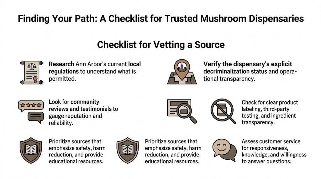An infographic checklist for vetting and finding a trusted mushroom dispensary in Ann Arbor, Michigan.