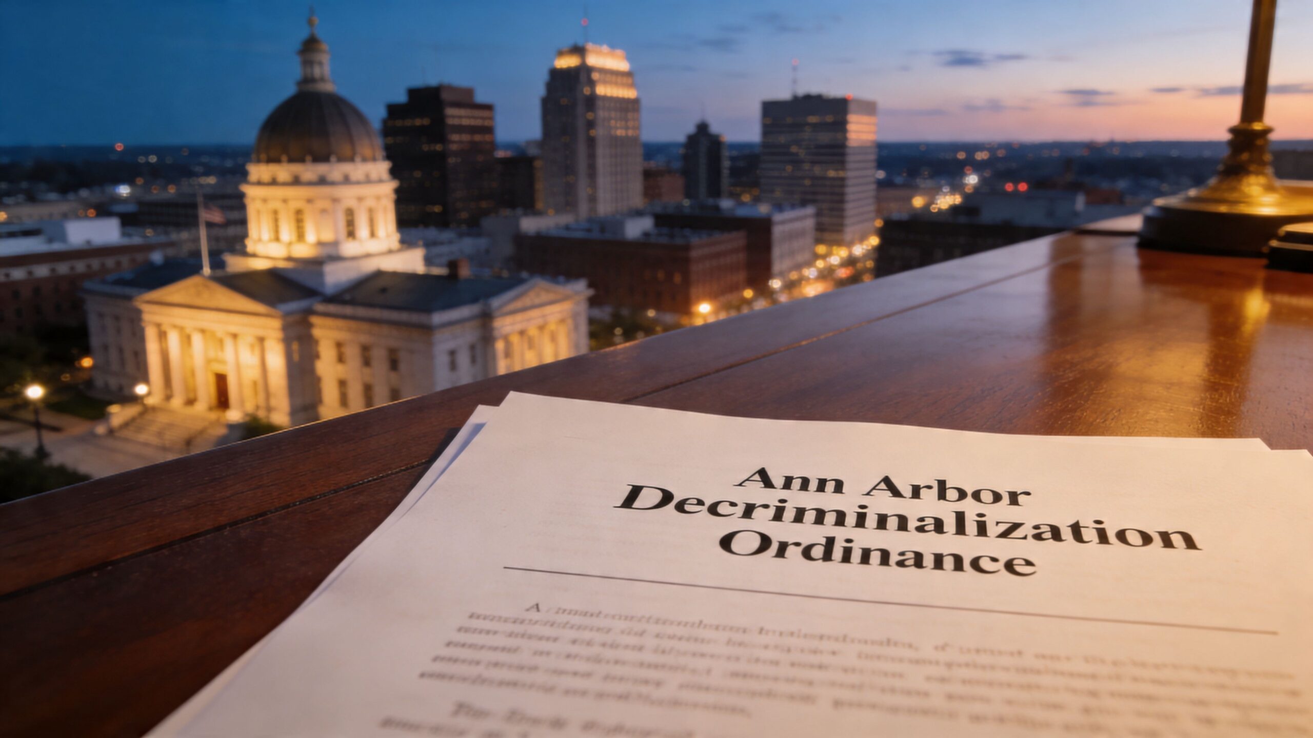 A document titled Ann Arbor Decriminalization Ordinance sits on a wooden desk overlooking a city skyline.