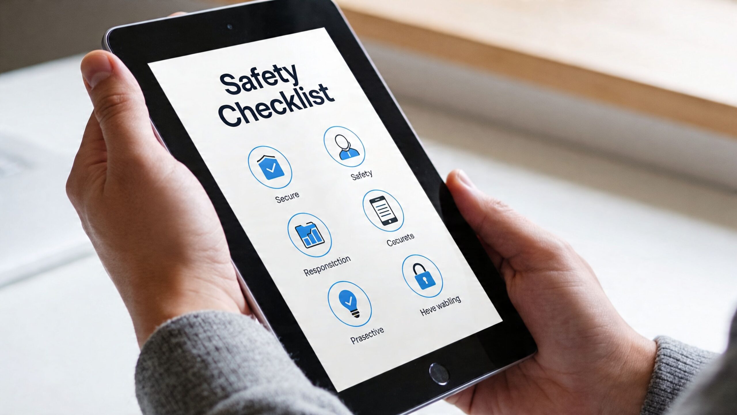 A person holding a tablet displaying a safety checklist app with various icons and labels for business security.