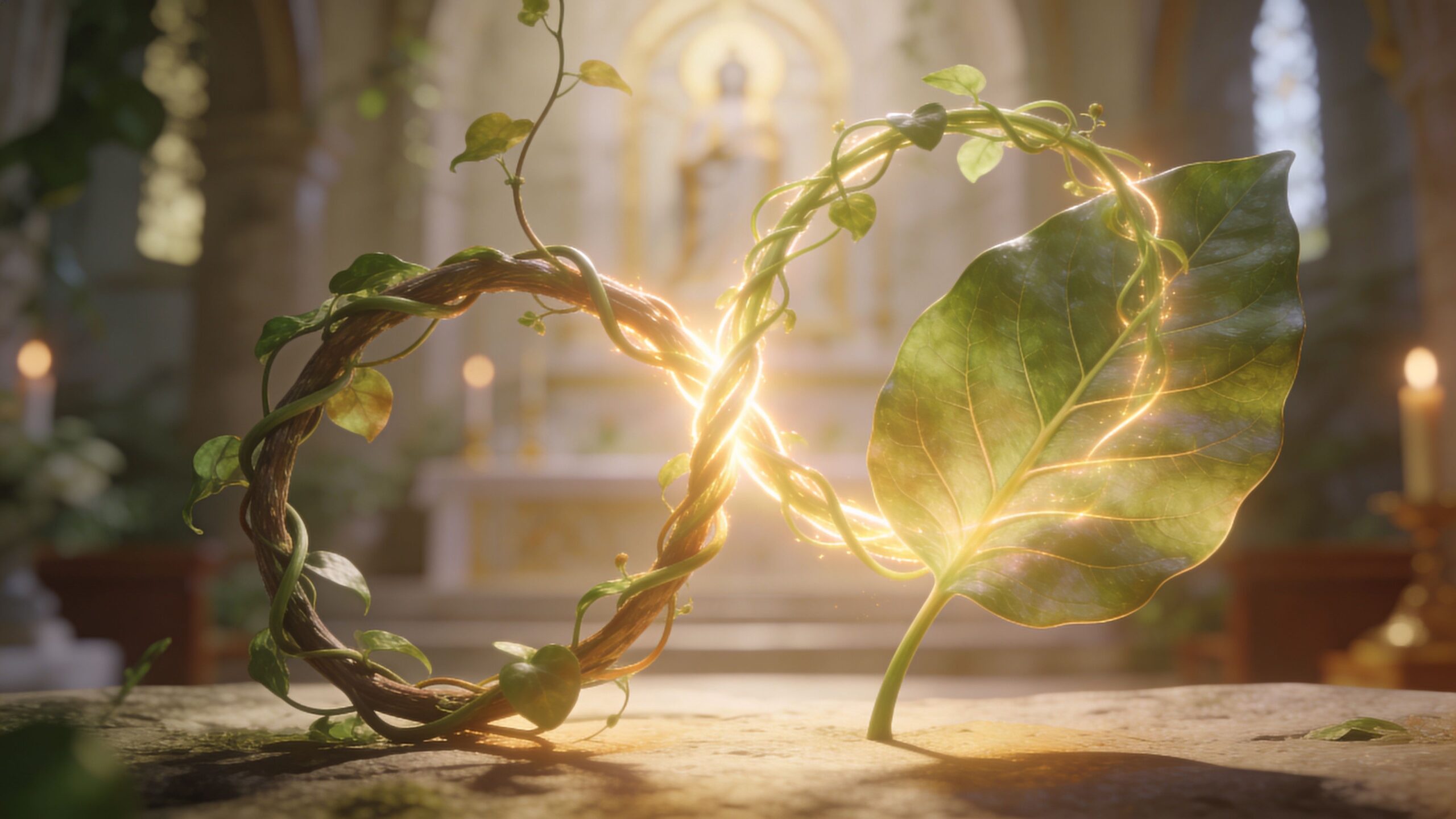 An artistic infinity symbol created by vines and a large leaf glowing inside a sacred church interior.