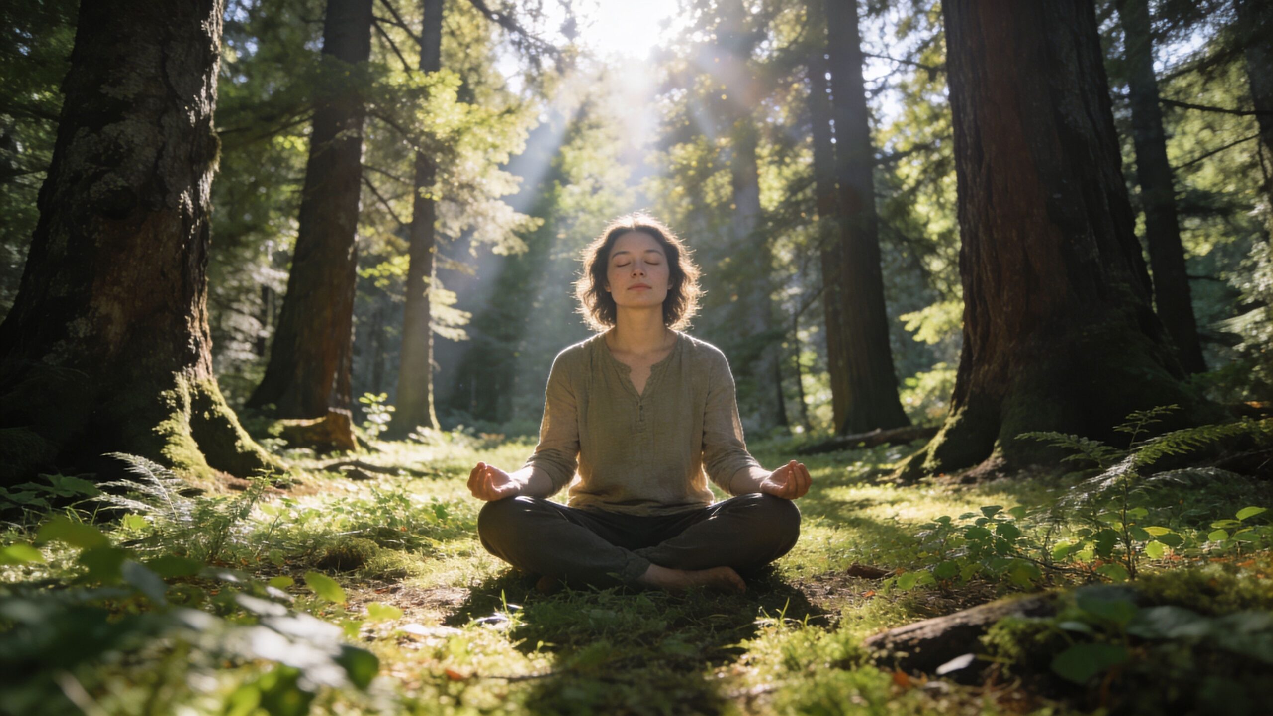 A woman meditating peacefully in a lush forest with sunbeams streaming through the ancient redwood trees.