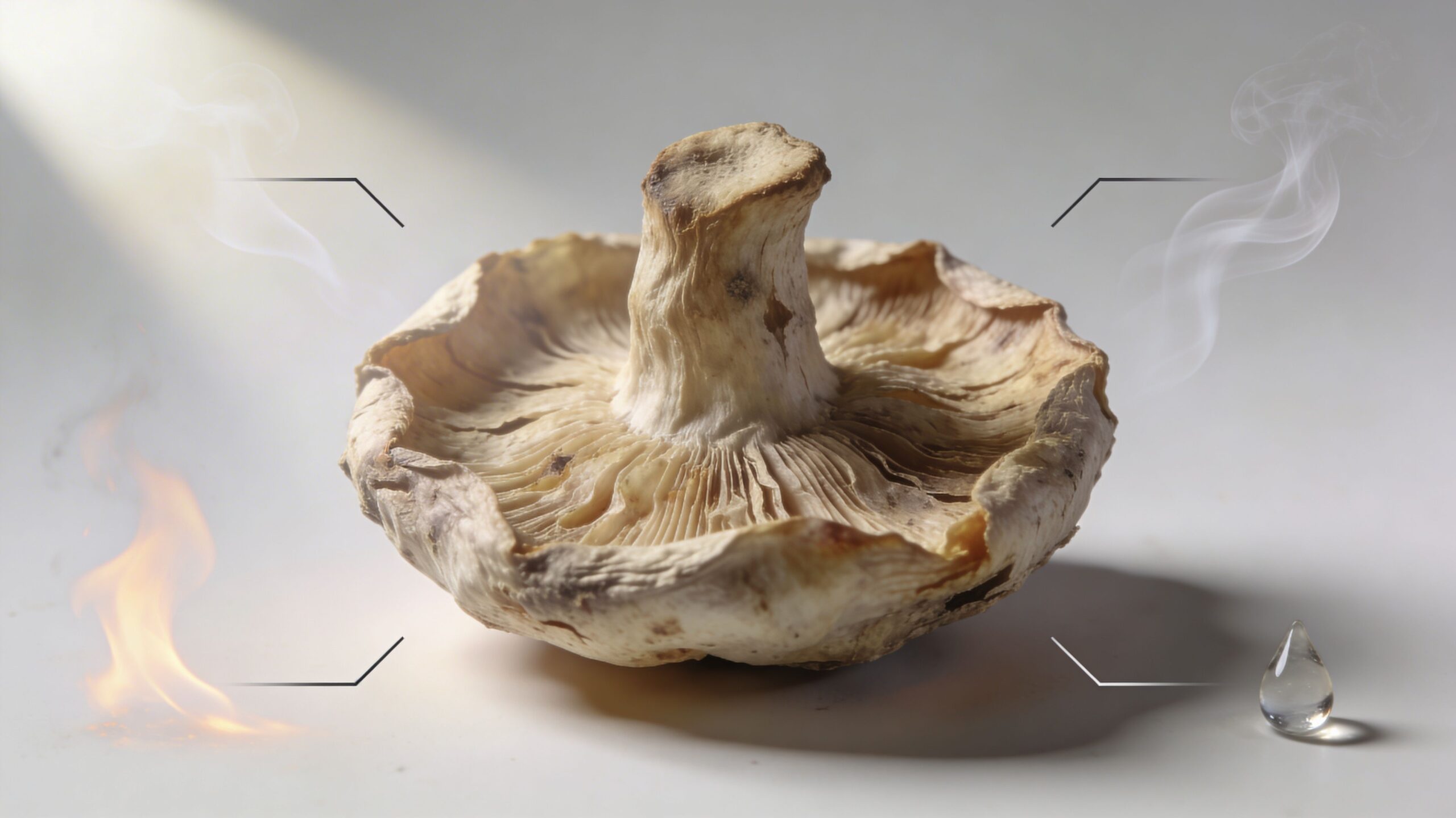 A dried mushroom placed between symbols of fire, smoke, and water on a light background.