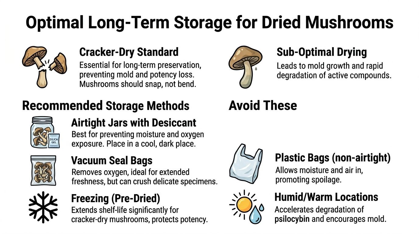 An infographic detailing the optimal long-term storage methods for dried mushrooms to maintain freshness and potency.