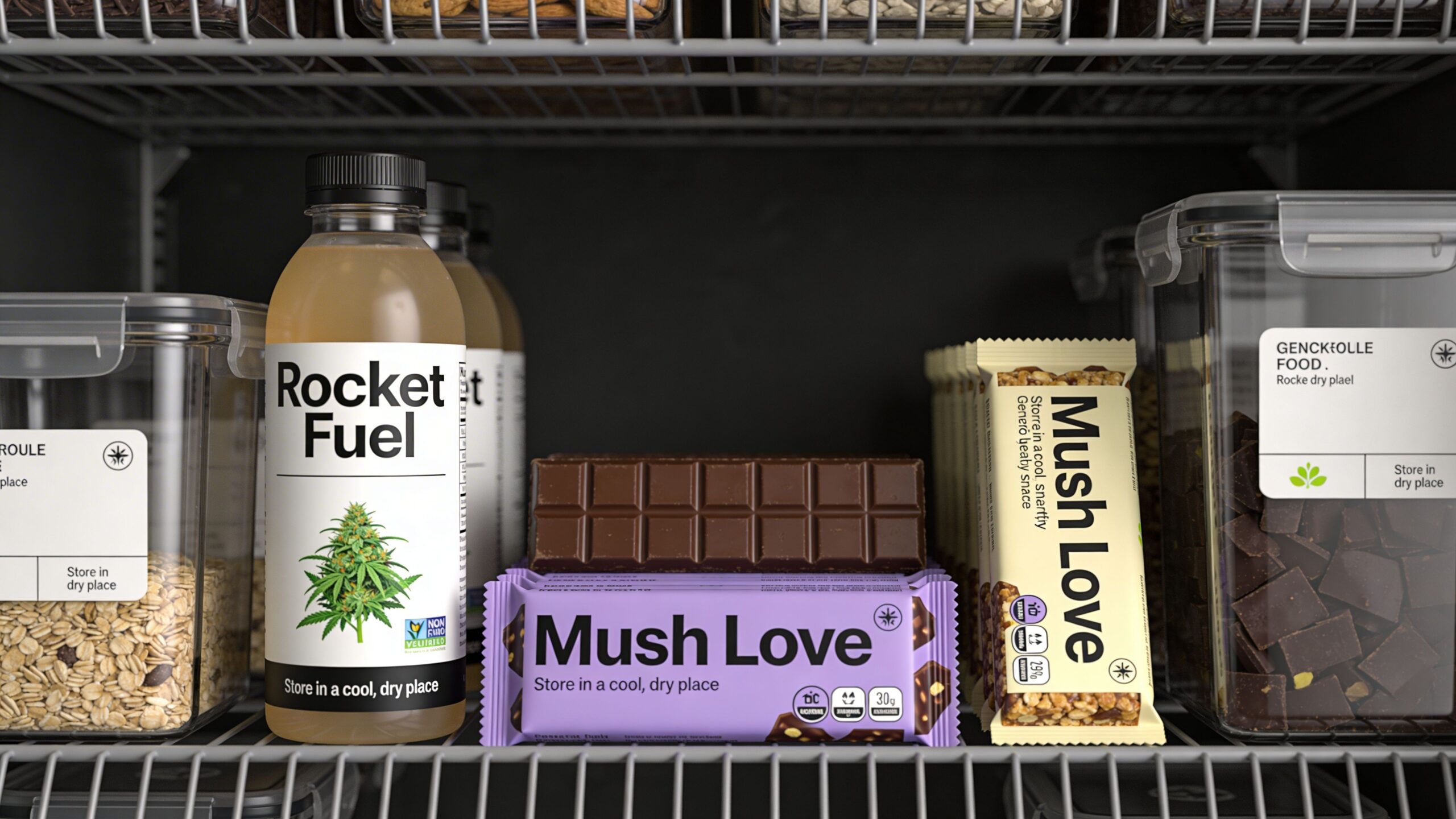 A refrigerator shelf containing Rocket Fuel cannabis beverage, Mush Love chocolate and granola bars, and dry food storage containers.