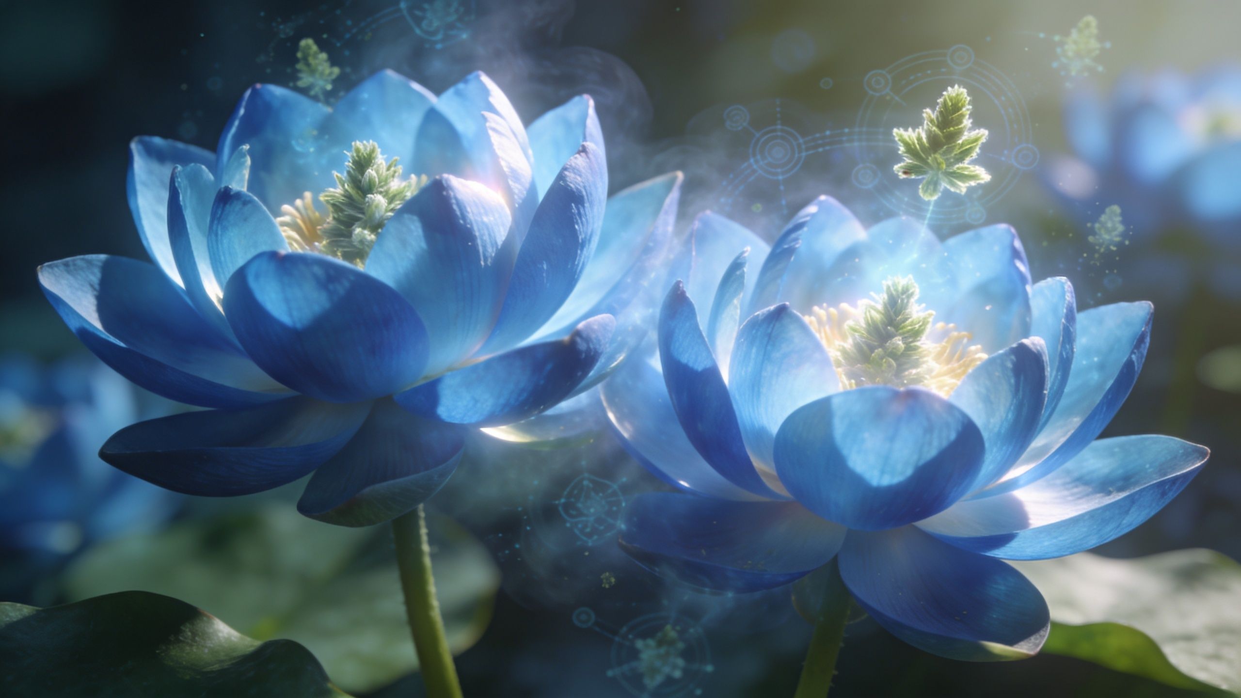 Two glowing magical blue lotus flowers blooming with mystical particle effects and floating plant elements.