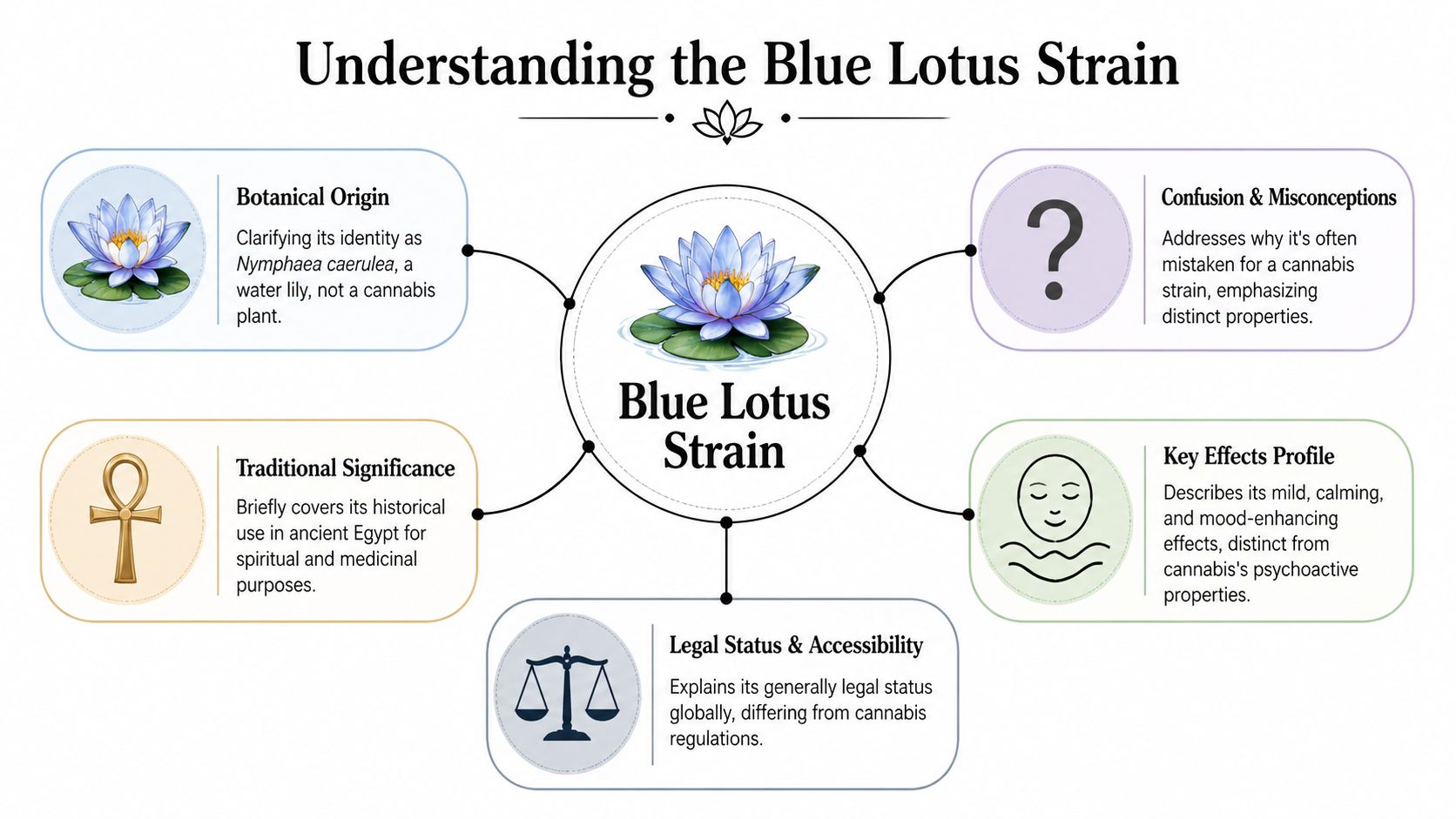 An infographic titled Understanding the Blue Lotus Strain explaining its botanical identity, history, effects, and legal status.