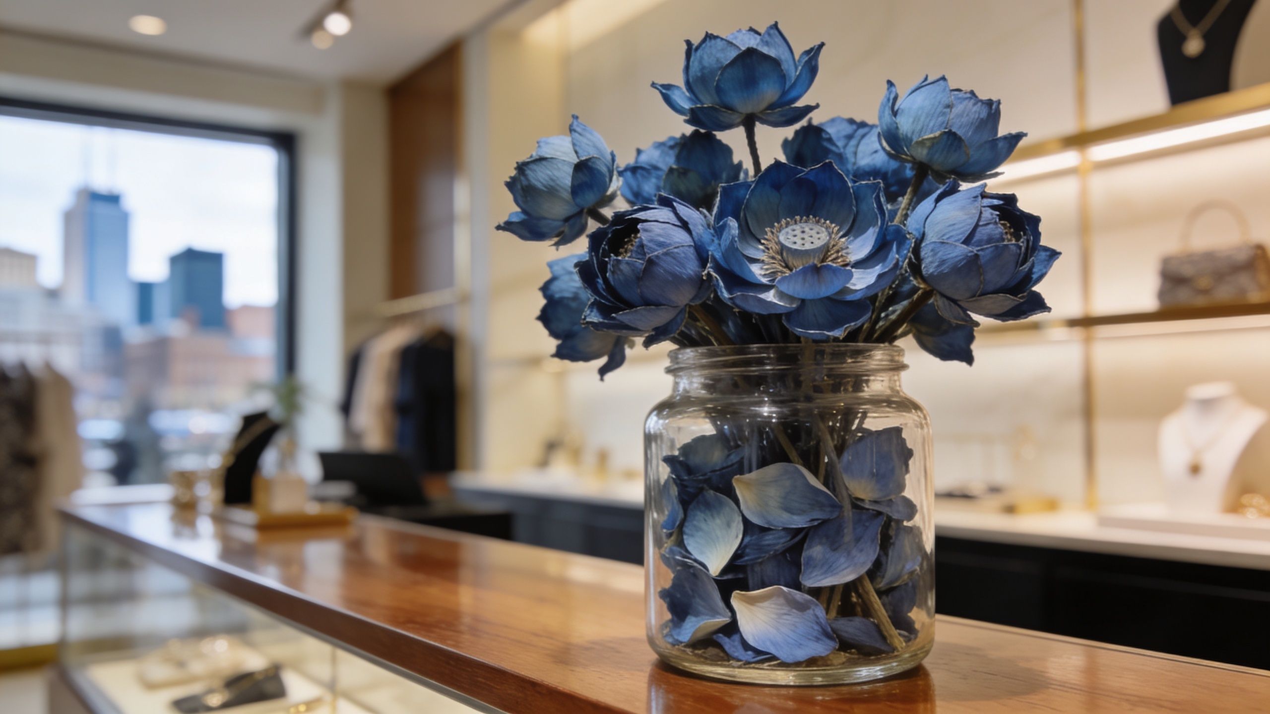 A glass jar filled with beautiful blue lotus flowers sits on a polished wooden counter in a store.