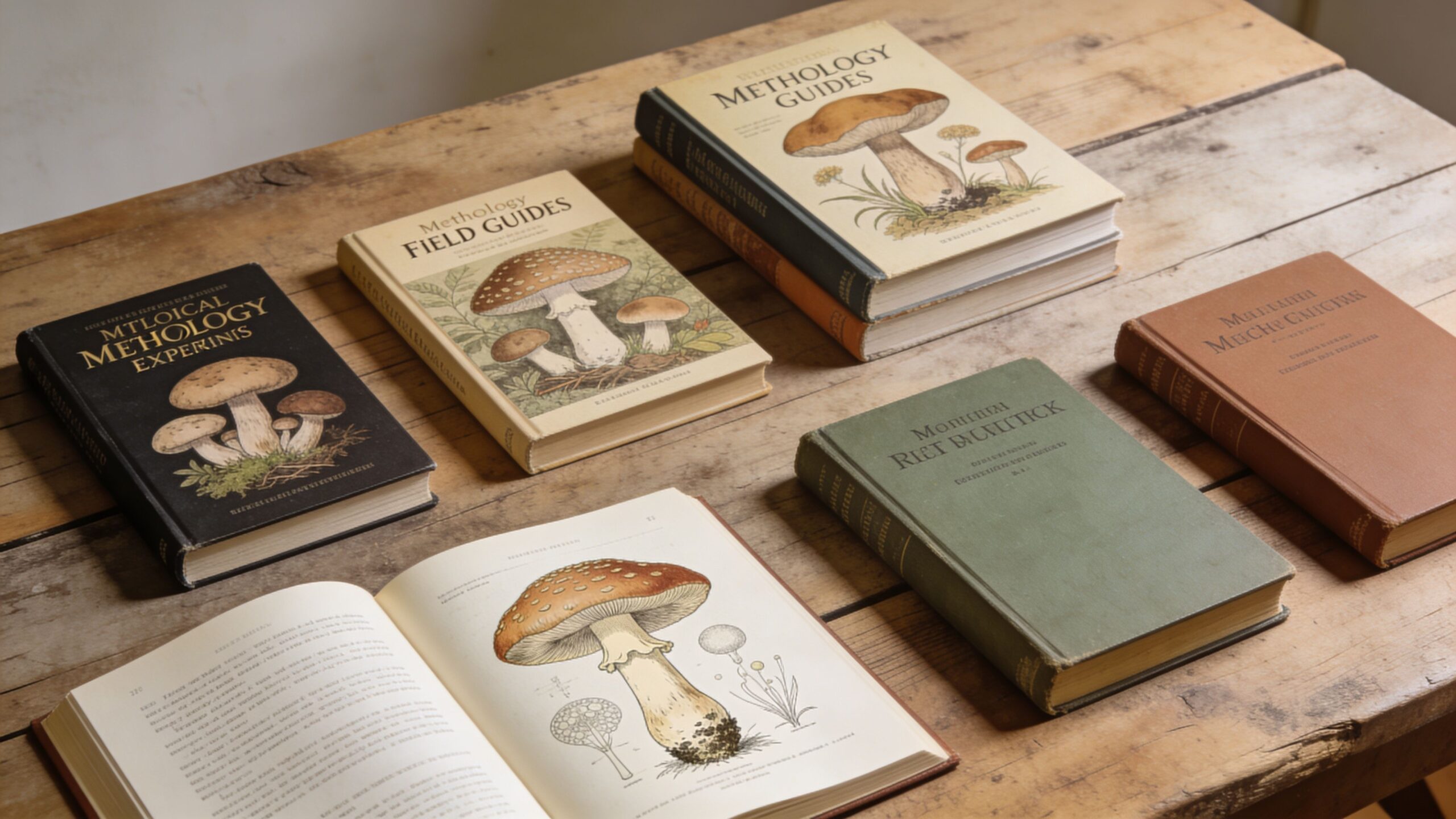 A collection of vintage mycology reference books displayed on a rustic wooden table.
