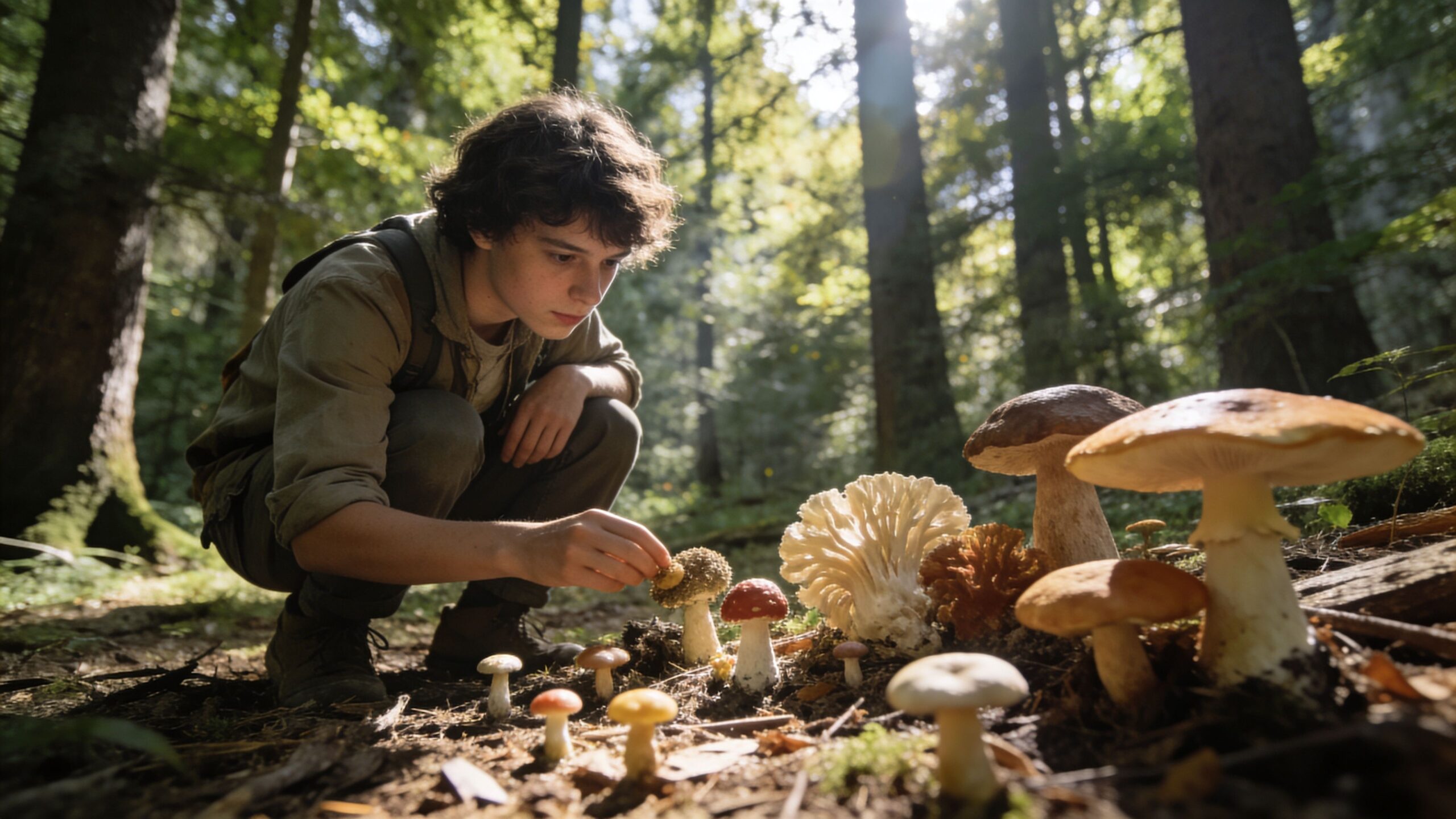 A young person crouches in a sunlit forest, carefully observing a diverse collection of wild mushrooms.