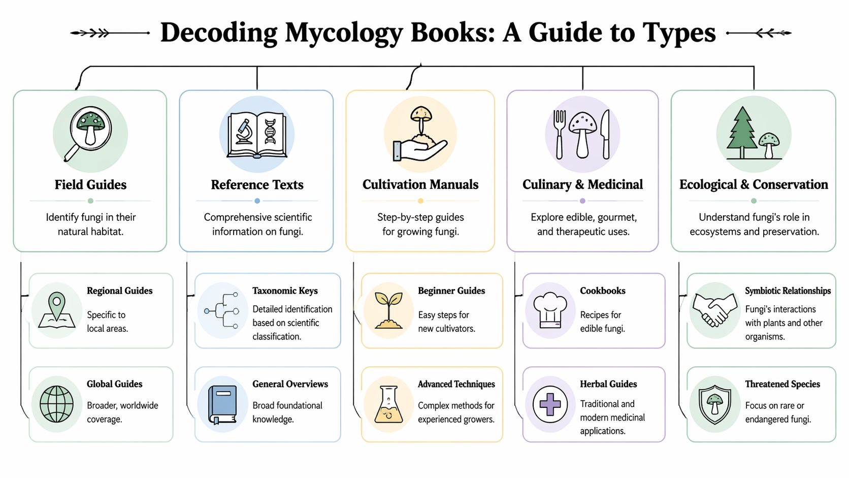 A structured flowchart categorizing different types of mycology books, including field guides, manuals, and scientific references.