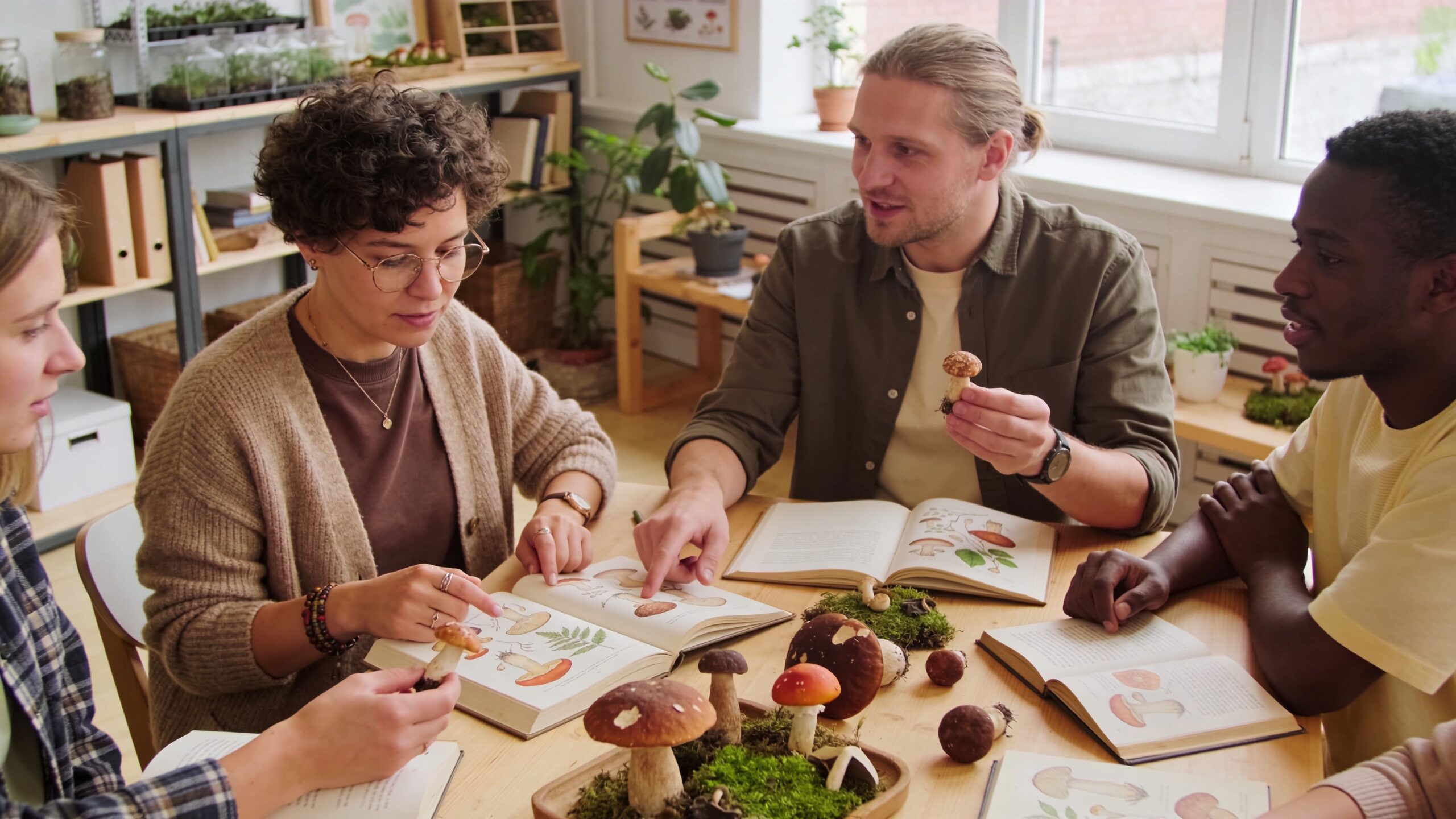 A diverse group of students studying various mushrooms with reference books in a bright classroom setting.