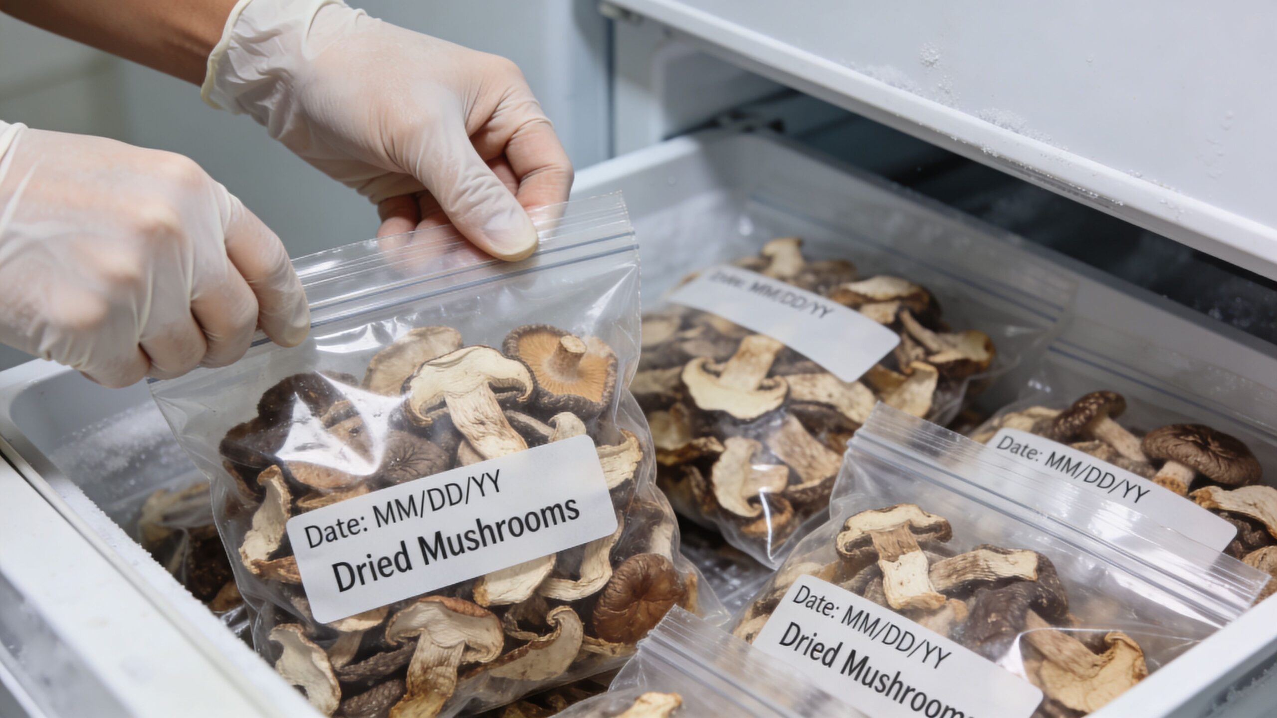A person wearing gloves organizing bags of dried mushrooms in a home freezer for long term storage.