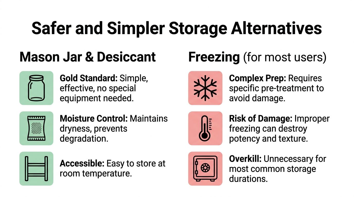 A comparison chart showing Mason jar with desiccant as a superior storage method over freezing mushrooms.
