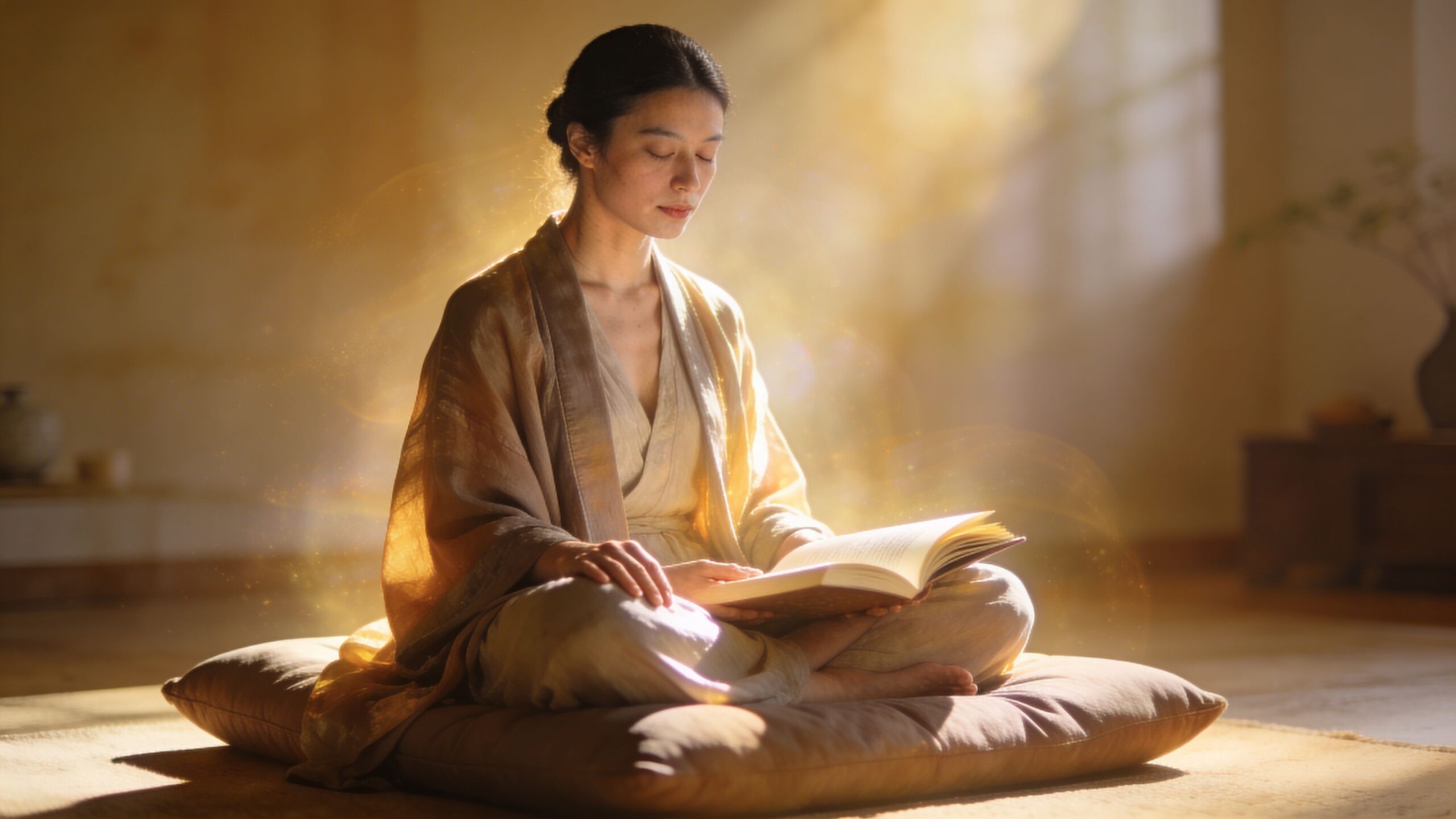 A serene person sitting on a cushion, reading a book with soft, glowing golden light effects.