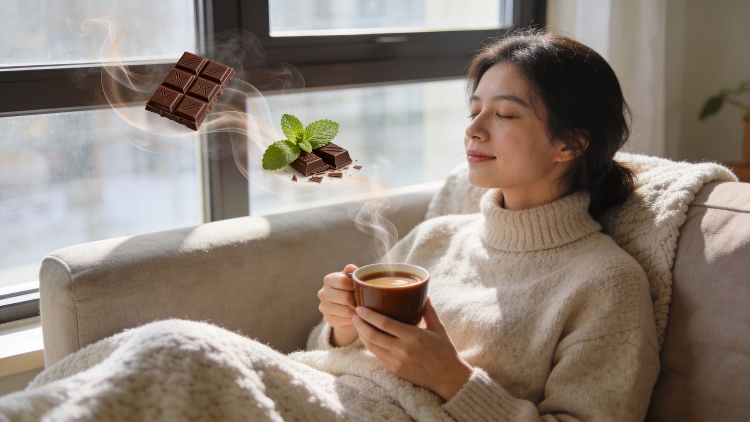 A young woman in a cozy sweater relaxing on a couch with a cup of chocolate mint tea.