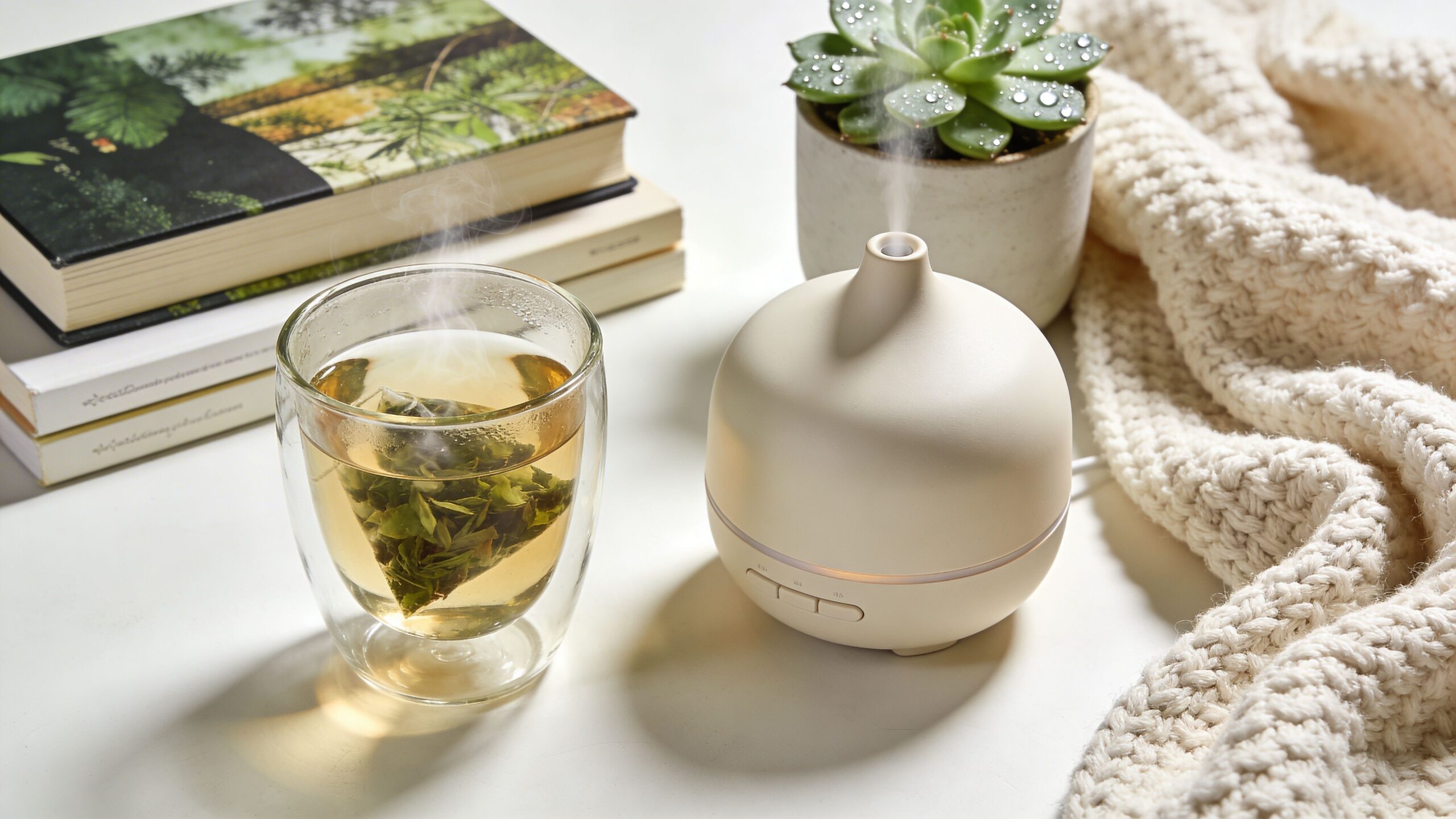 A cup of steaming tea sits beside an aromatherapy diffuser, a succulent, and a cozy knit blanket.
