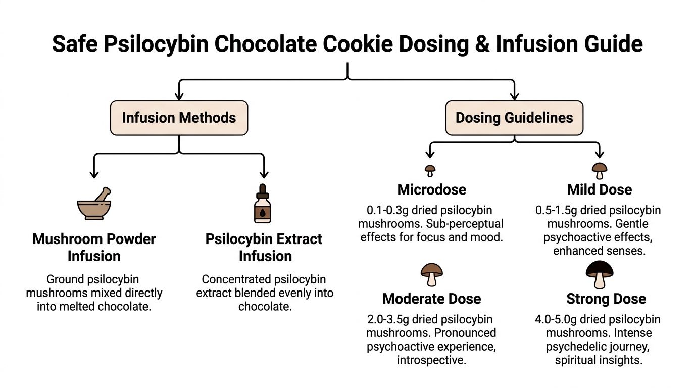 A guide detailing infusion methods and dosing levels for creating psilocybin chocolate mushroom cookies safely.