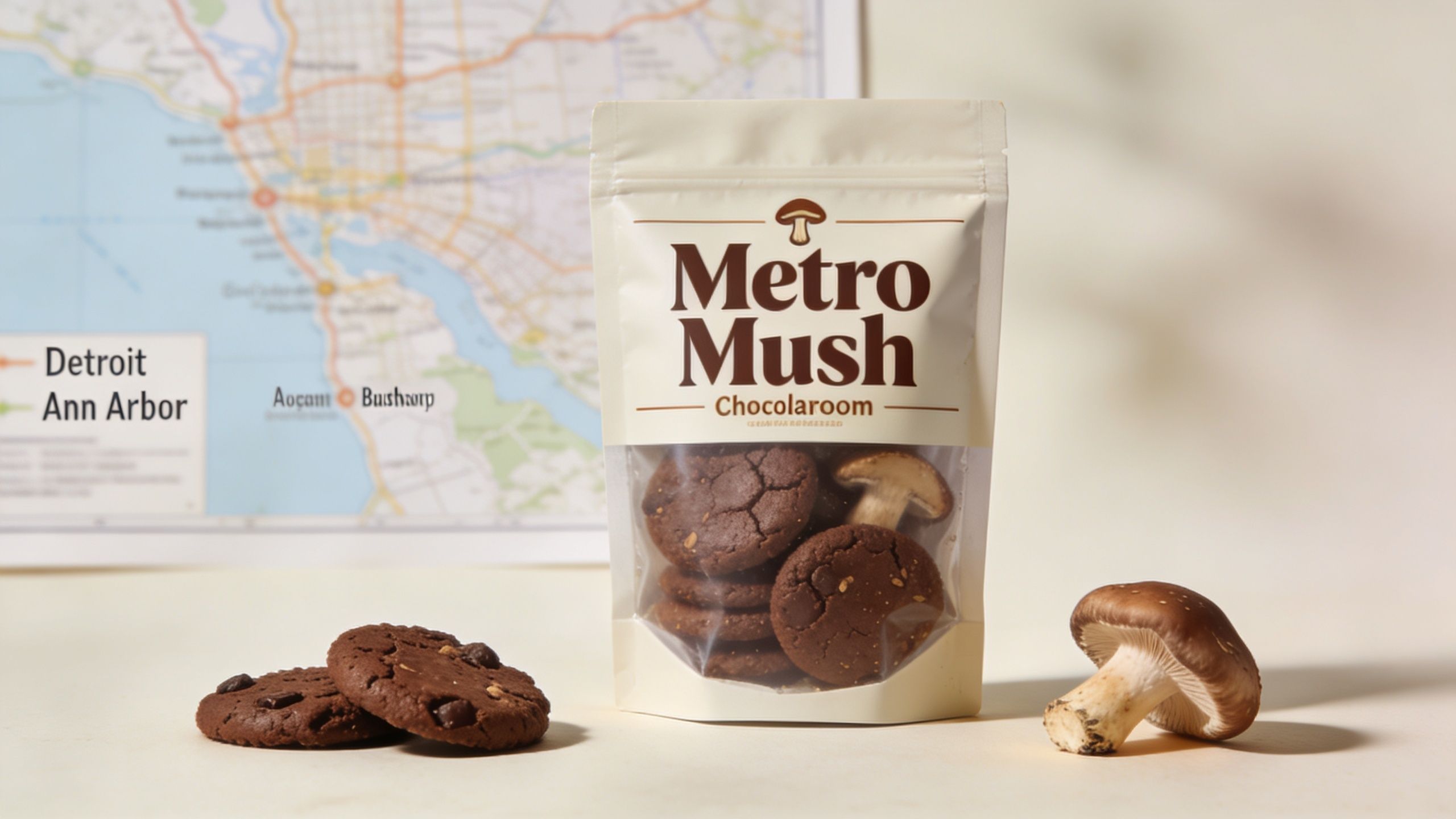 A package of Metro Mush chocolate mushroom cookies next to fresh mushrooms and a map background.