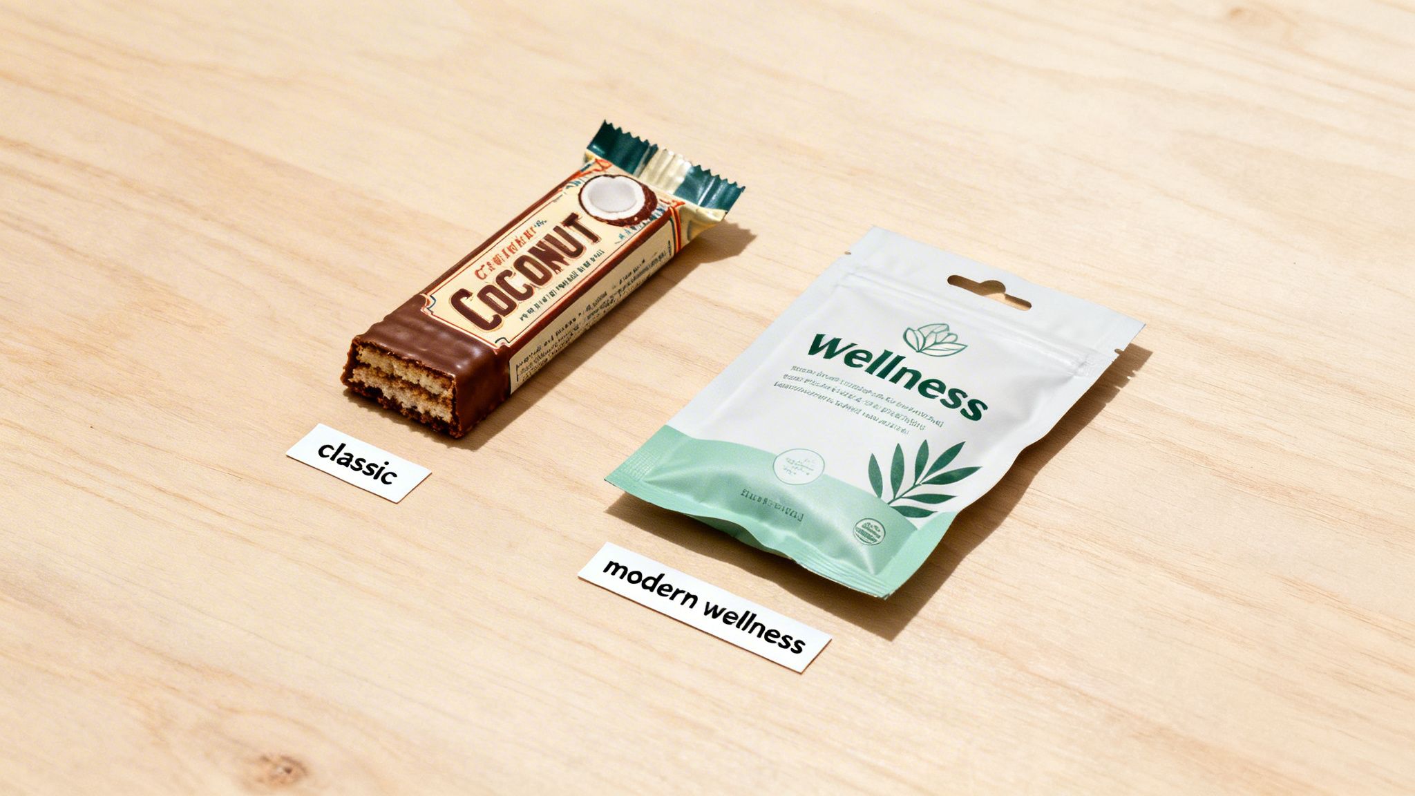 A classic chocolate coconut wafer bar and a modern wellness supplement pouch on a wooden surface.
