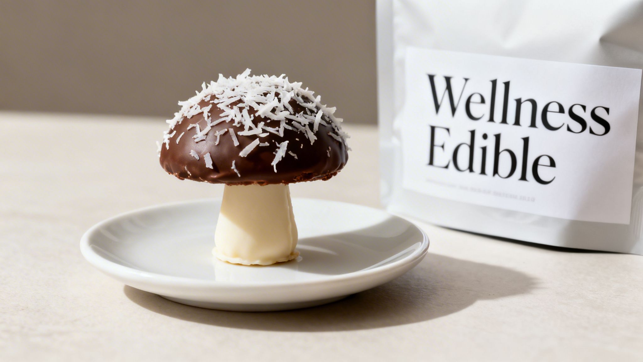 A chocolate mushroom-shaped edible topped with coconut flakes on a white plate, with a 'Wellness Edible' package.
