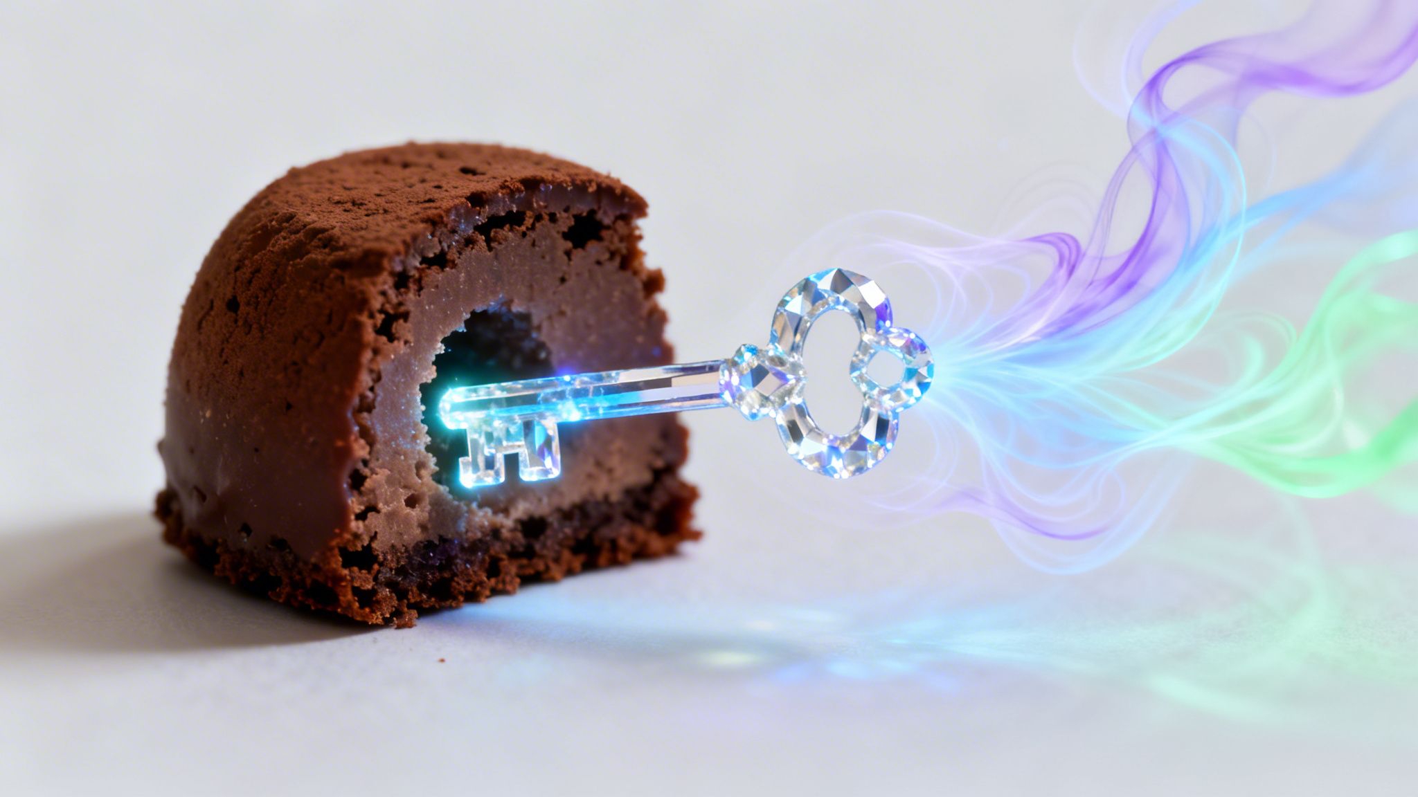 A sparkling crystal key floating into a hollow chocolate dome cake with colorful magical smoke trails.
