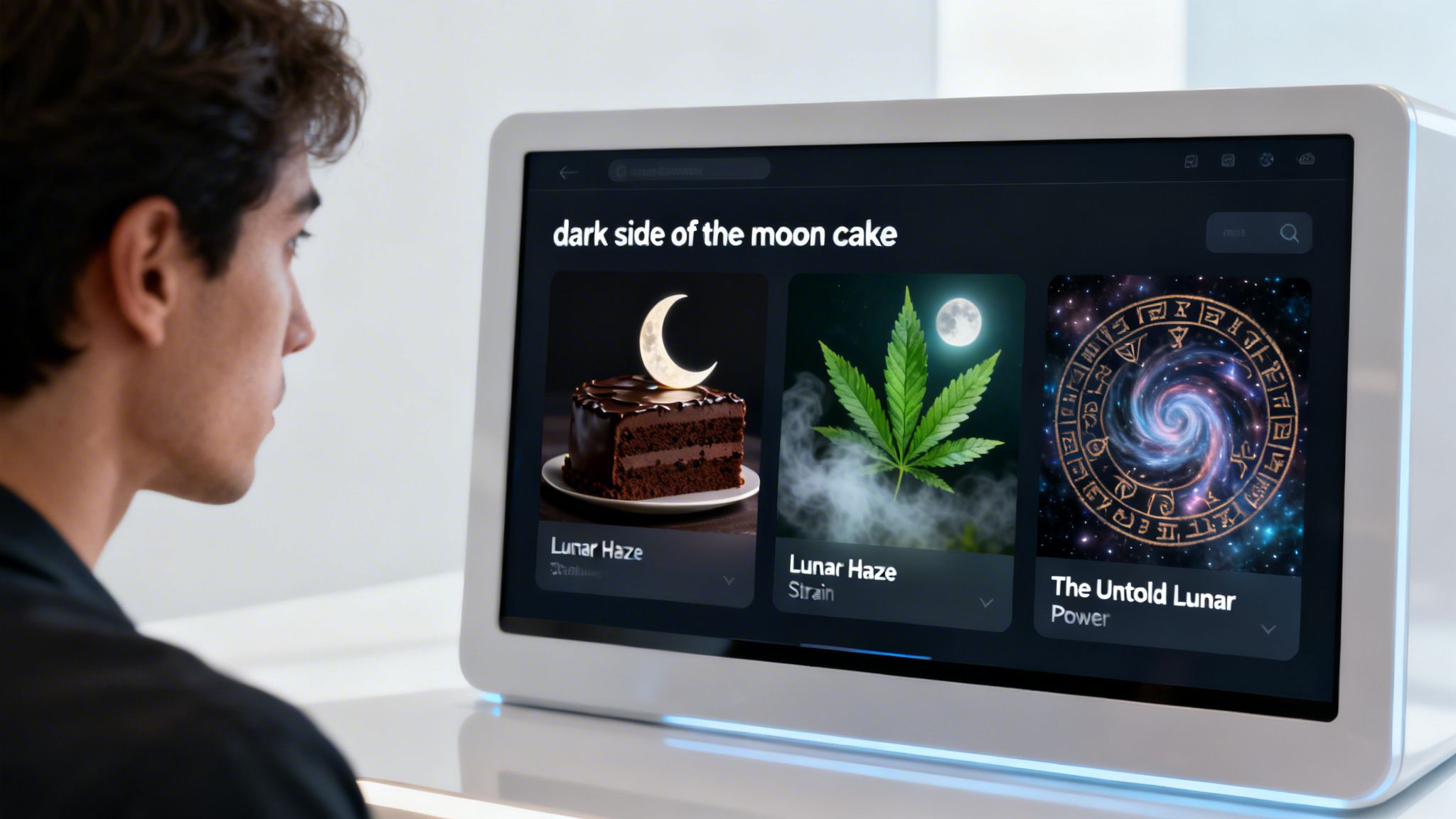 A person looking at a digital screen displaying various images related to the moon and lunar themes.