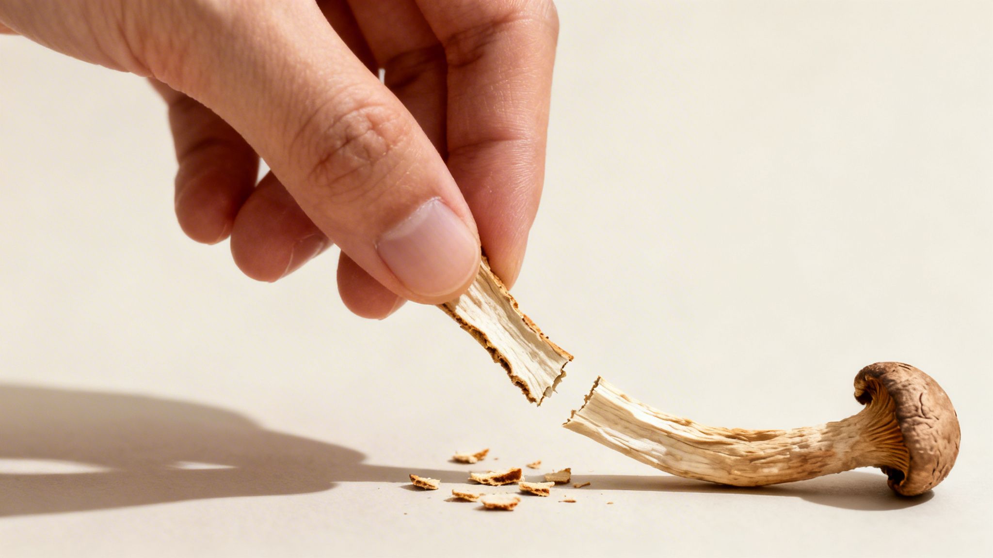 A hand breaking a dried mushroom stem into pieces on a light surface.