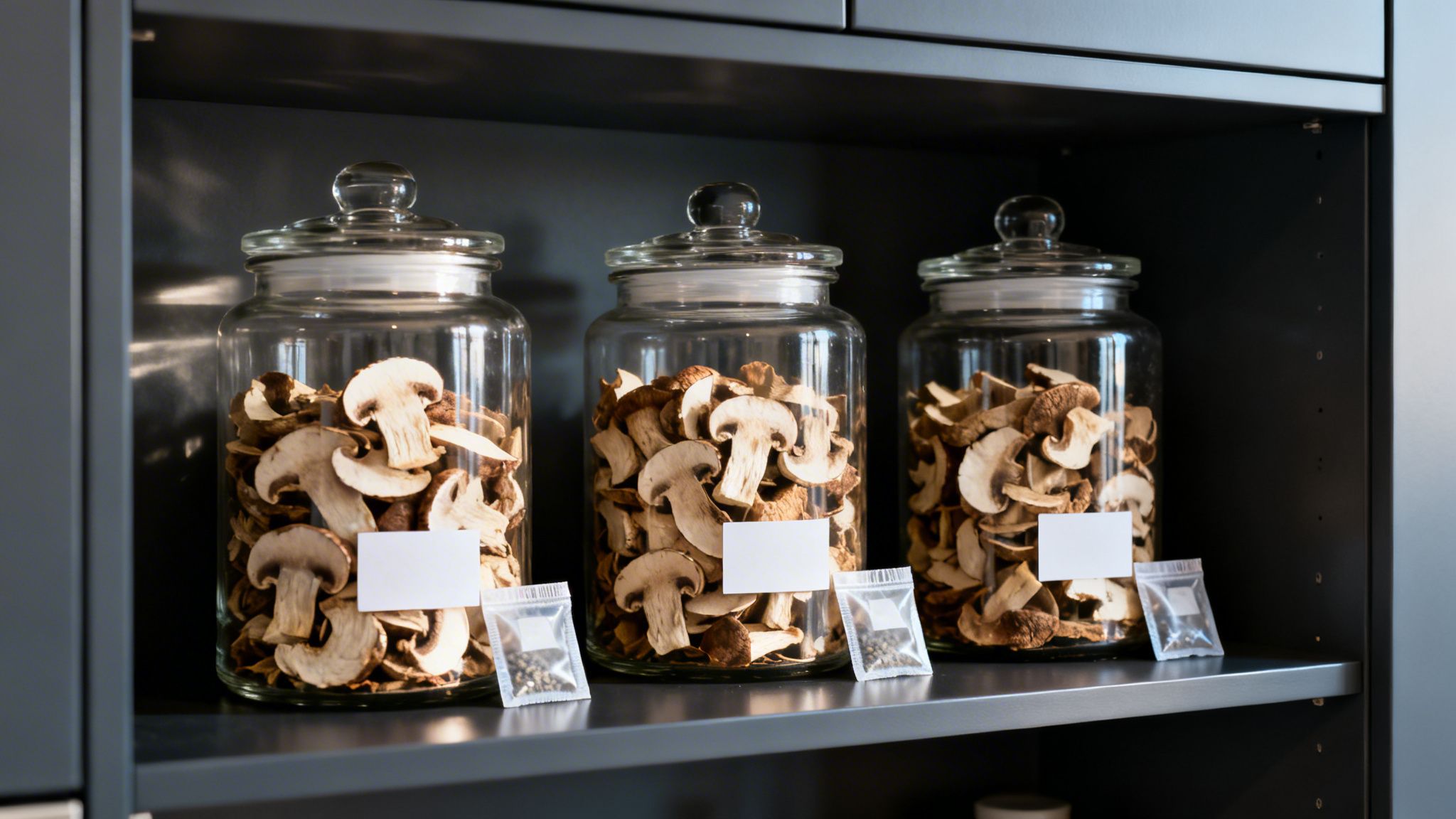 Three glass jars filled with dried, sliced mushrooms sit on a dark shelf.