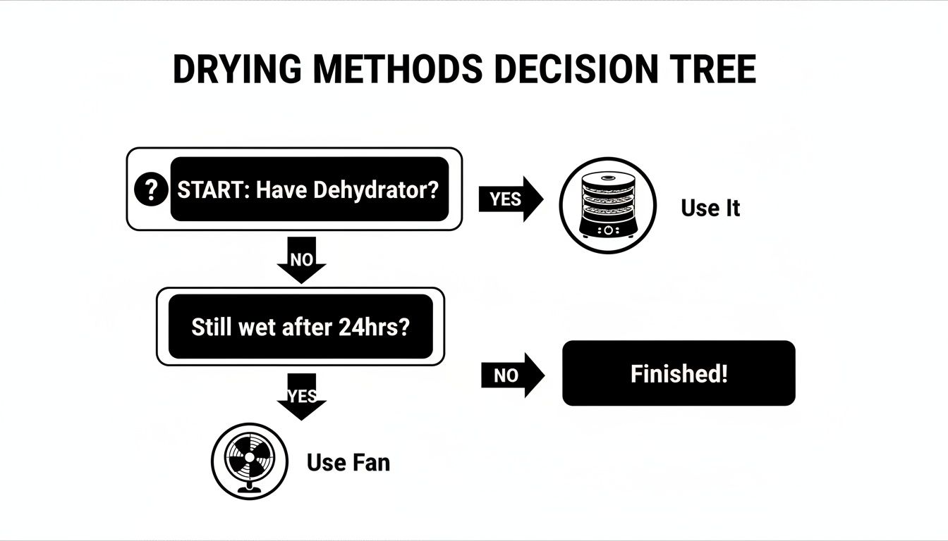 A drying methods decision tree flowchart showing steps for drying items using a dehydrator or fan.