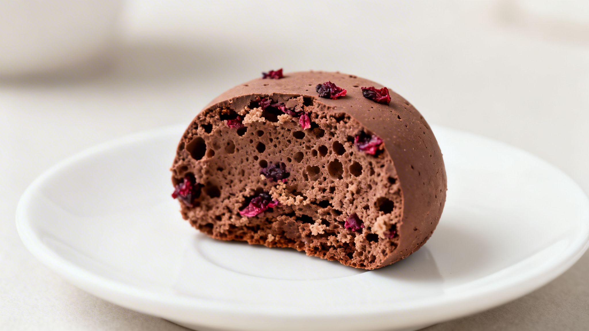 Close-up of a half-eaten chocolate mousse dessert with dried cranberries on a white plate.