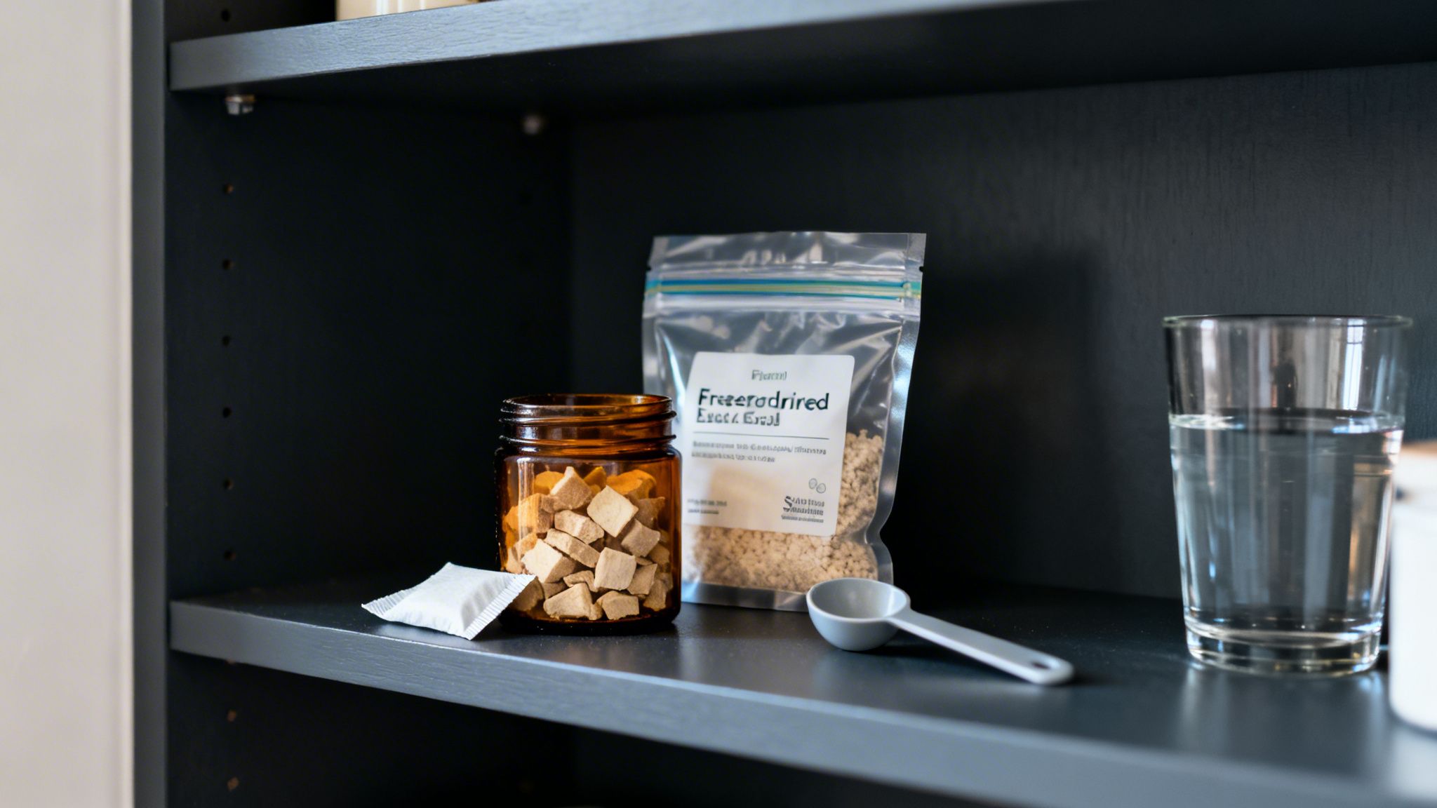 A shelf displays freeze-dried food in an amber jar and clear pouch, with a measuring spoon and water glass.